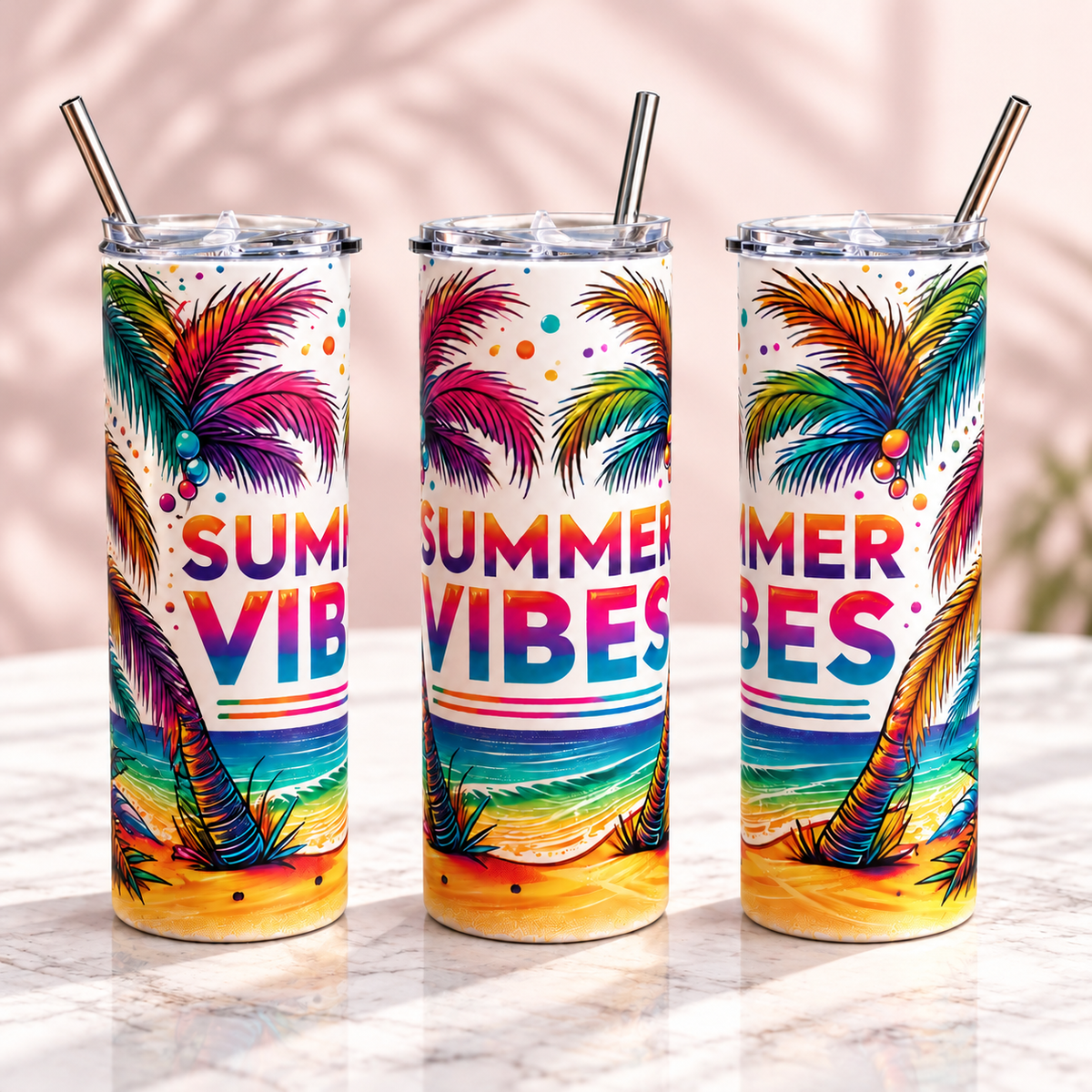 Summer Vibes Palm Beach 20oz Skinny Tumbler — three complementary views of one product