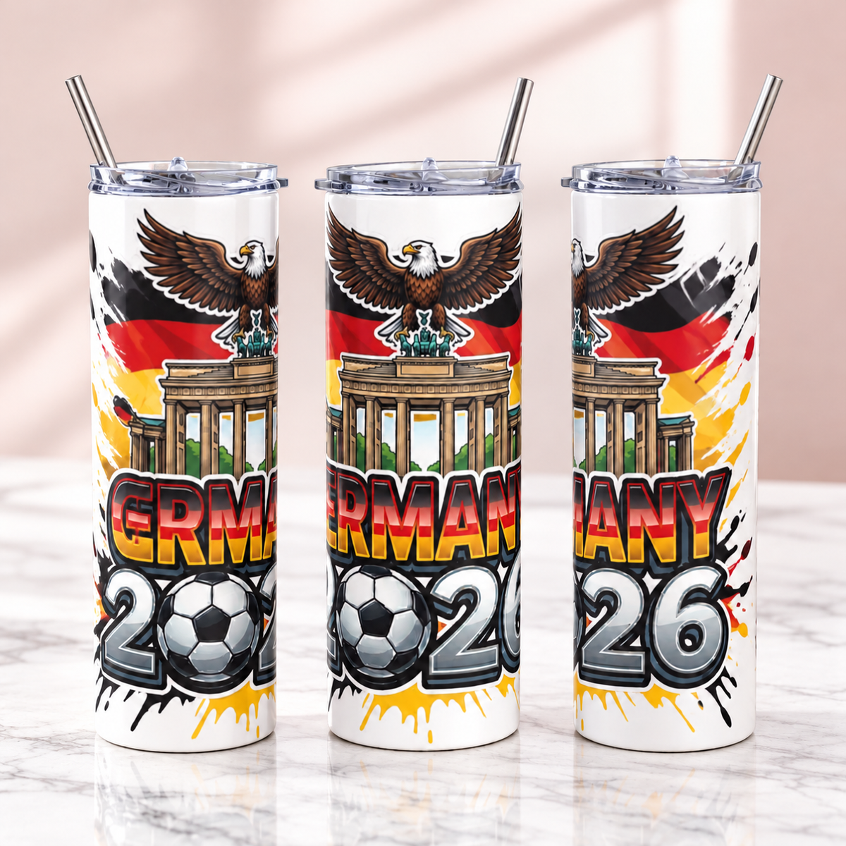 Germany 2026 Football Tumbler – Insulated Soccer Fan Cup — three complementary views of one product