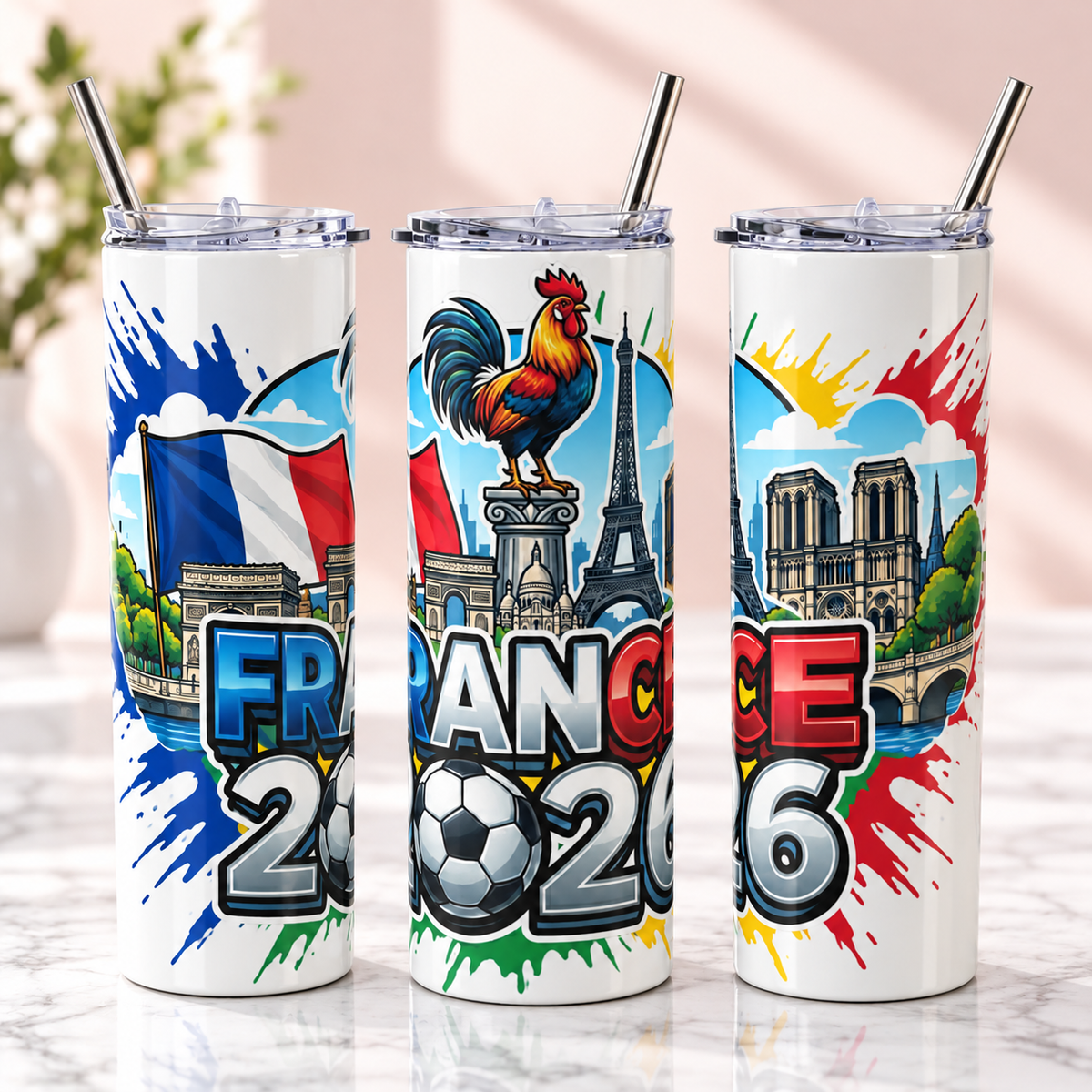 France 2026 Football Tumbler – Insulated Soccer Fan Gift — three complementary views of one product