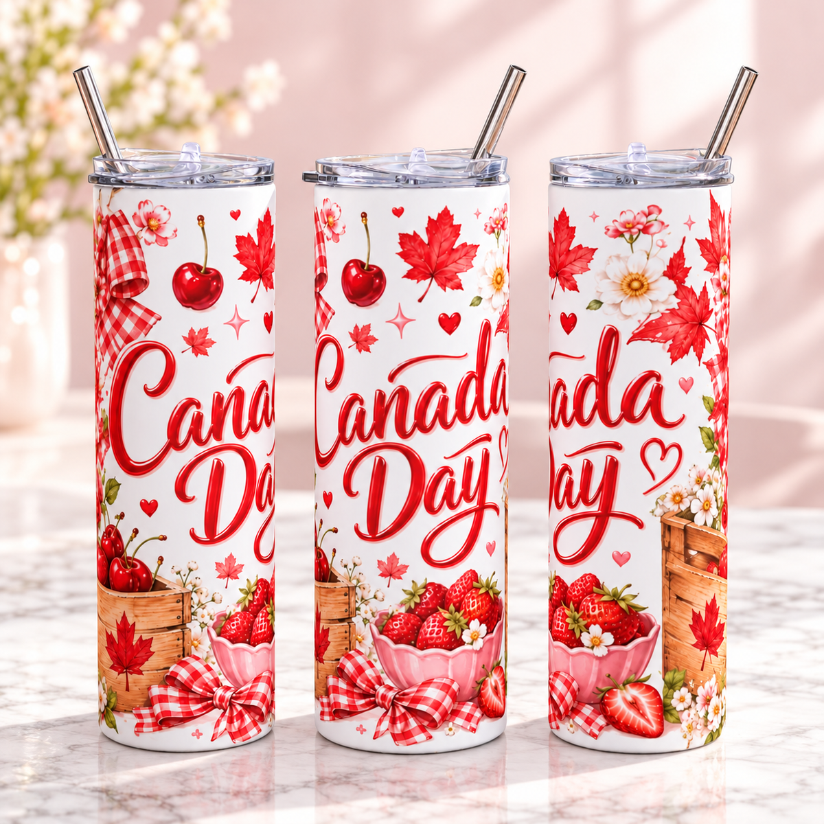 Sweet Canada Day 20oz Tumbler – Strawberry Maple Leaf Gift — three complementary views of one product