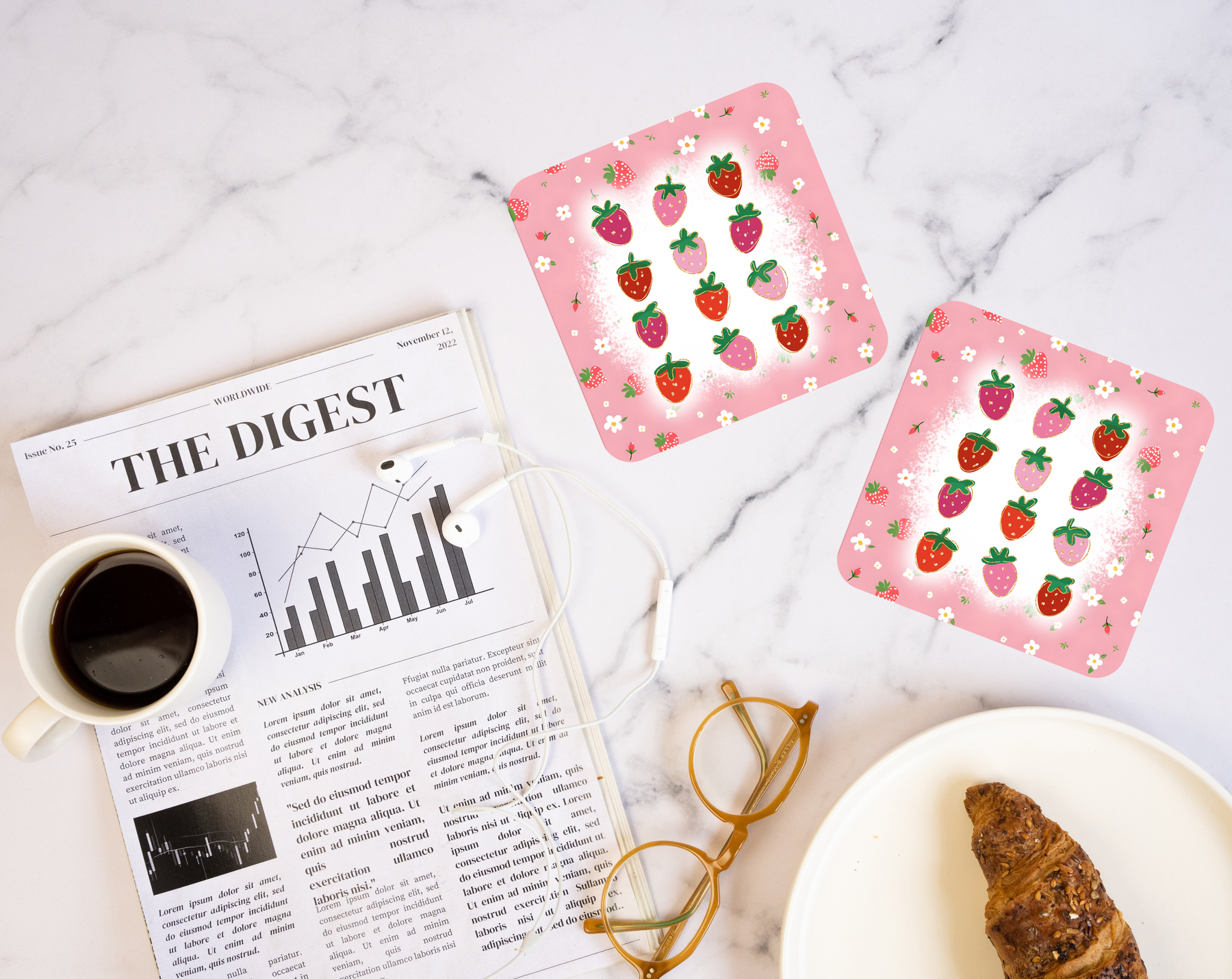Pink Strawberry Pattern coaster with cottagecore berry design