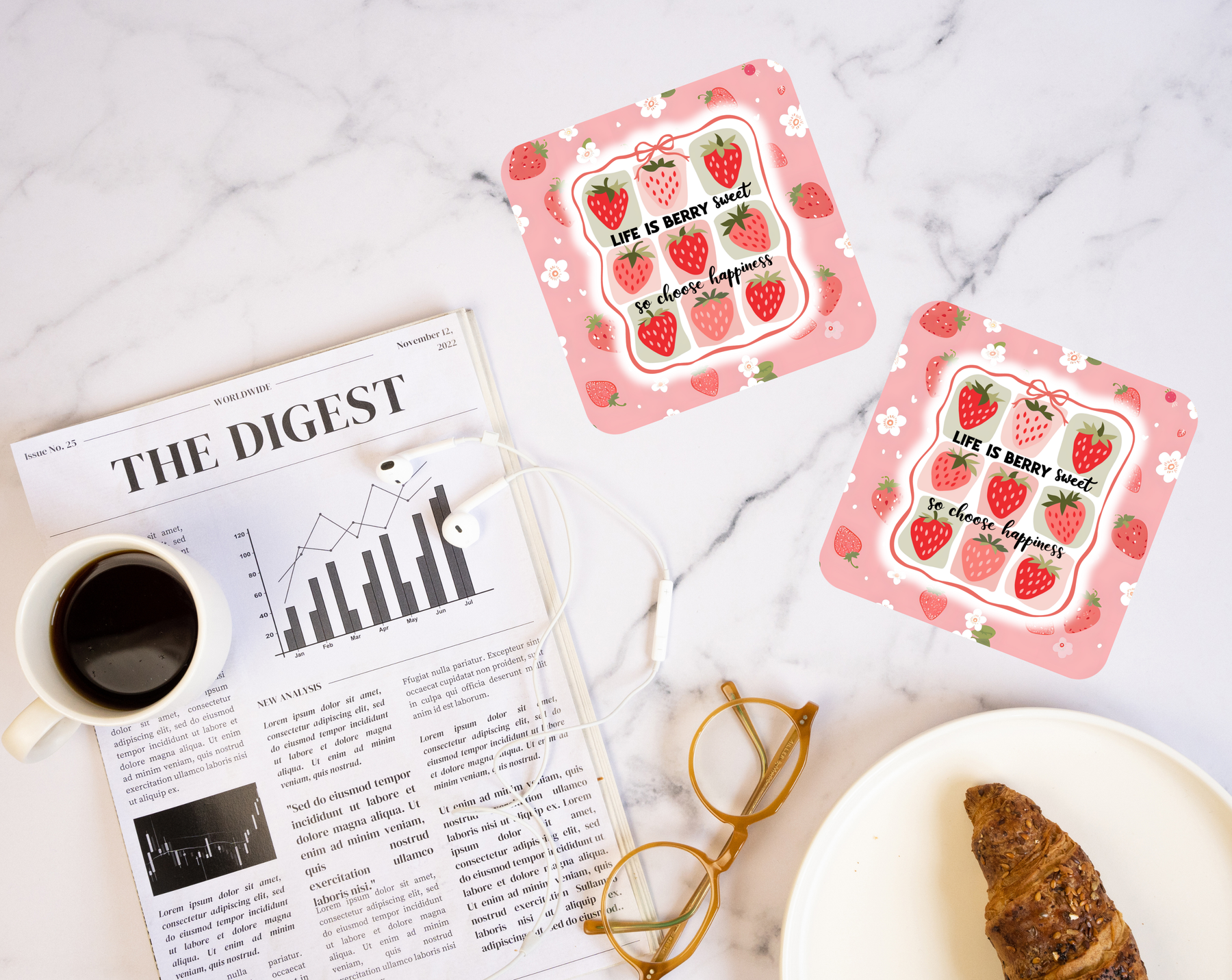 Life Is Berry Sweet strawberry coaster with floral design