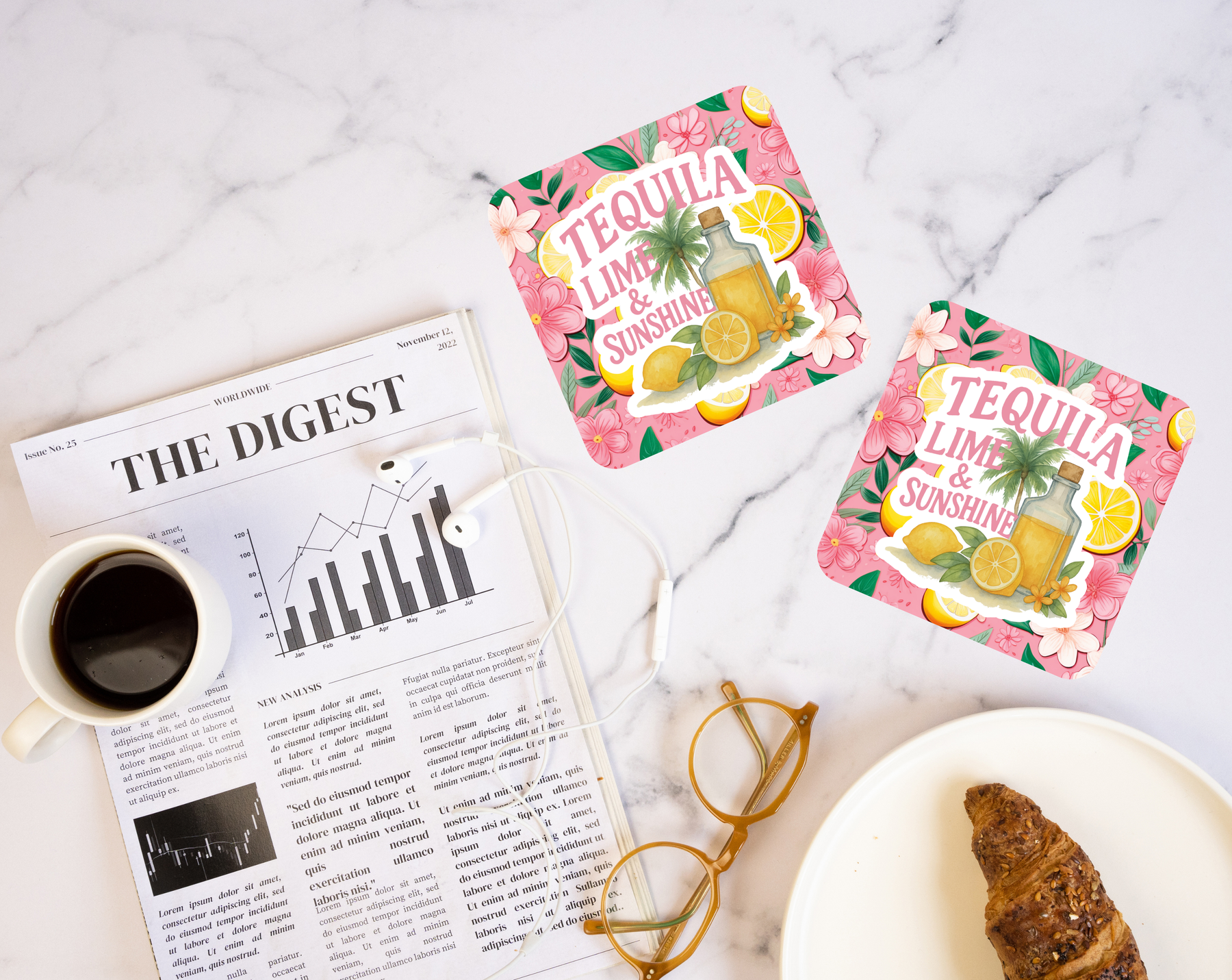 Tequila Lime & Sunshine floral coaster set with tropical citrus design