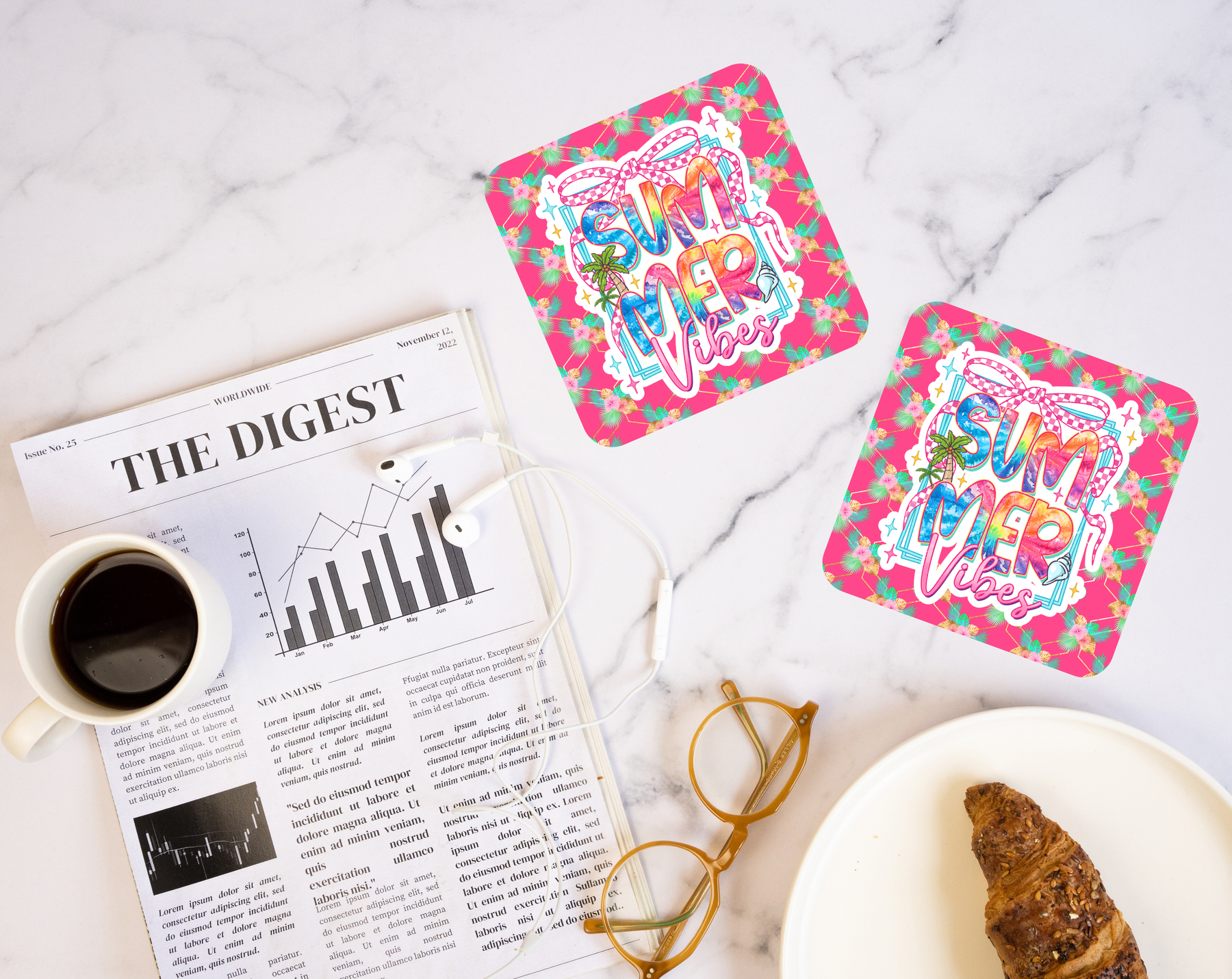 Summer Vibes palm and bow coaster with pink tropical design