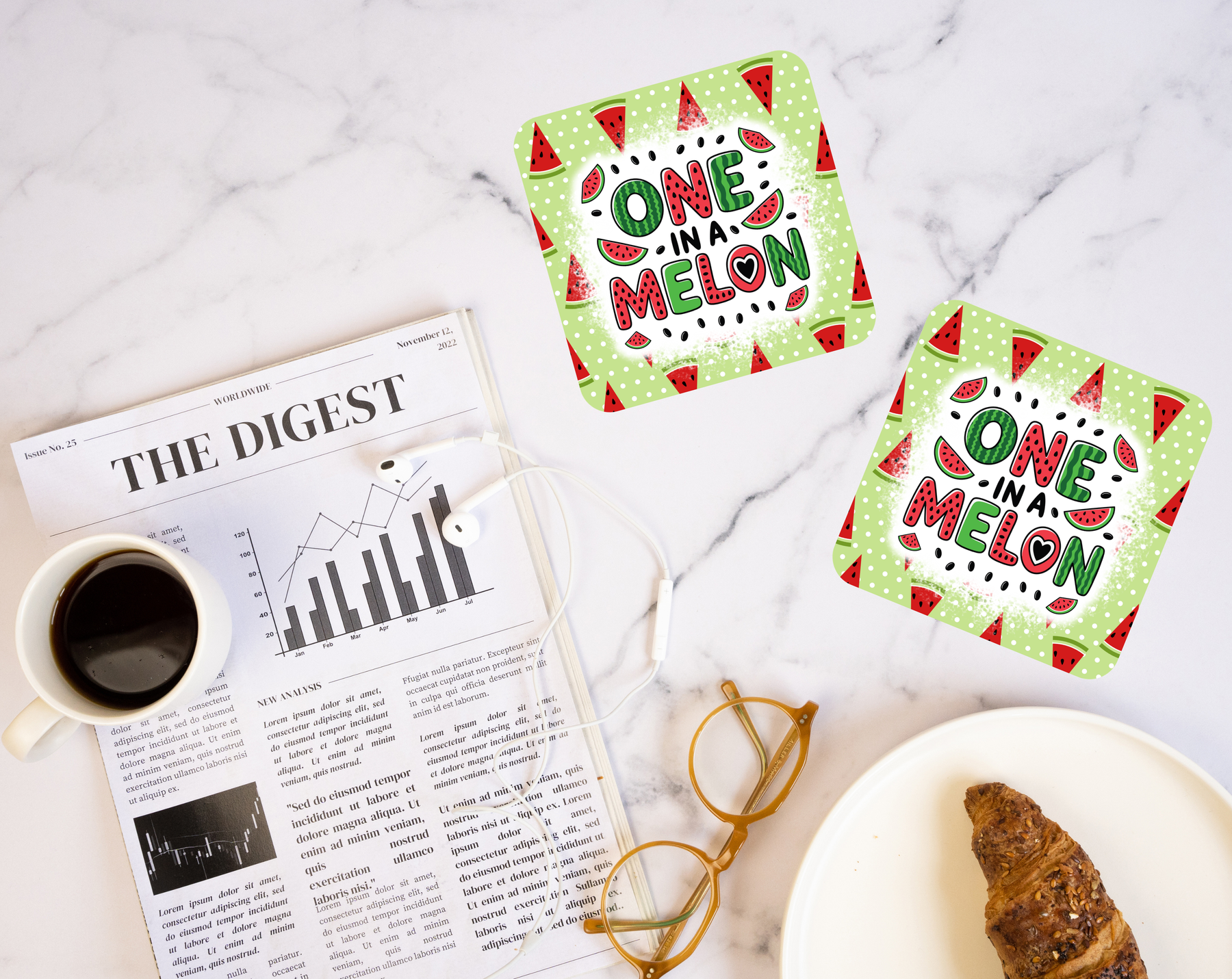 One in a Melon watermelon coaster with green polka-dot design