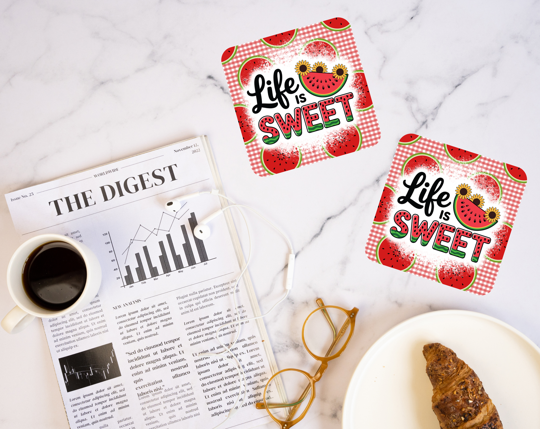 Life Is Sweet watermelon coaster with sunflowers and gingham