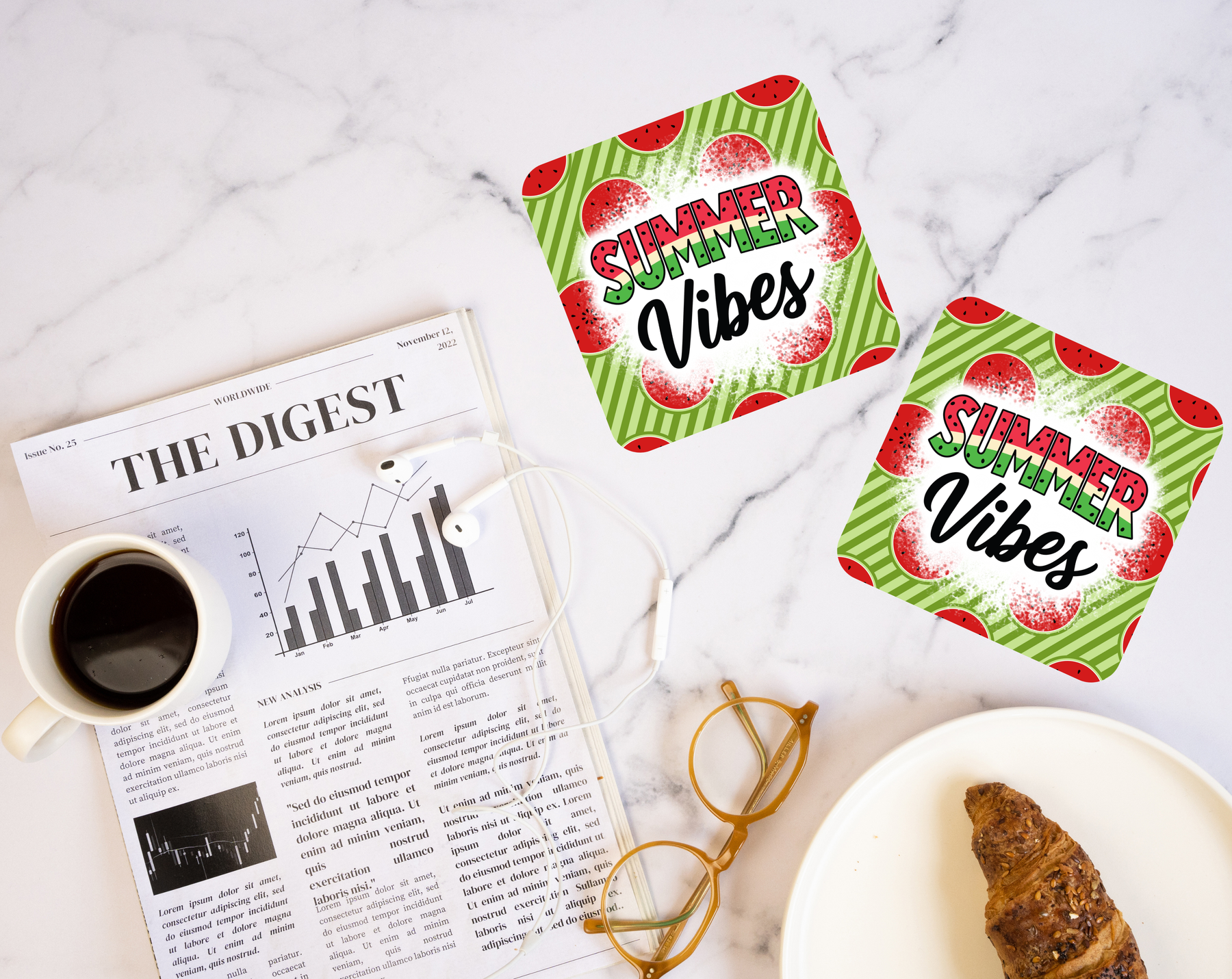 Summer Vibes watermelon coaster with retro green fruit design