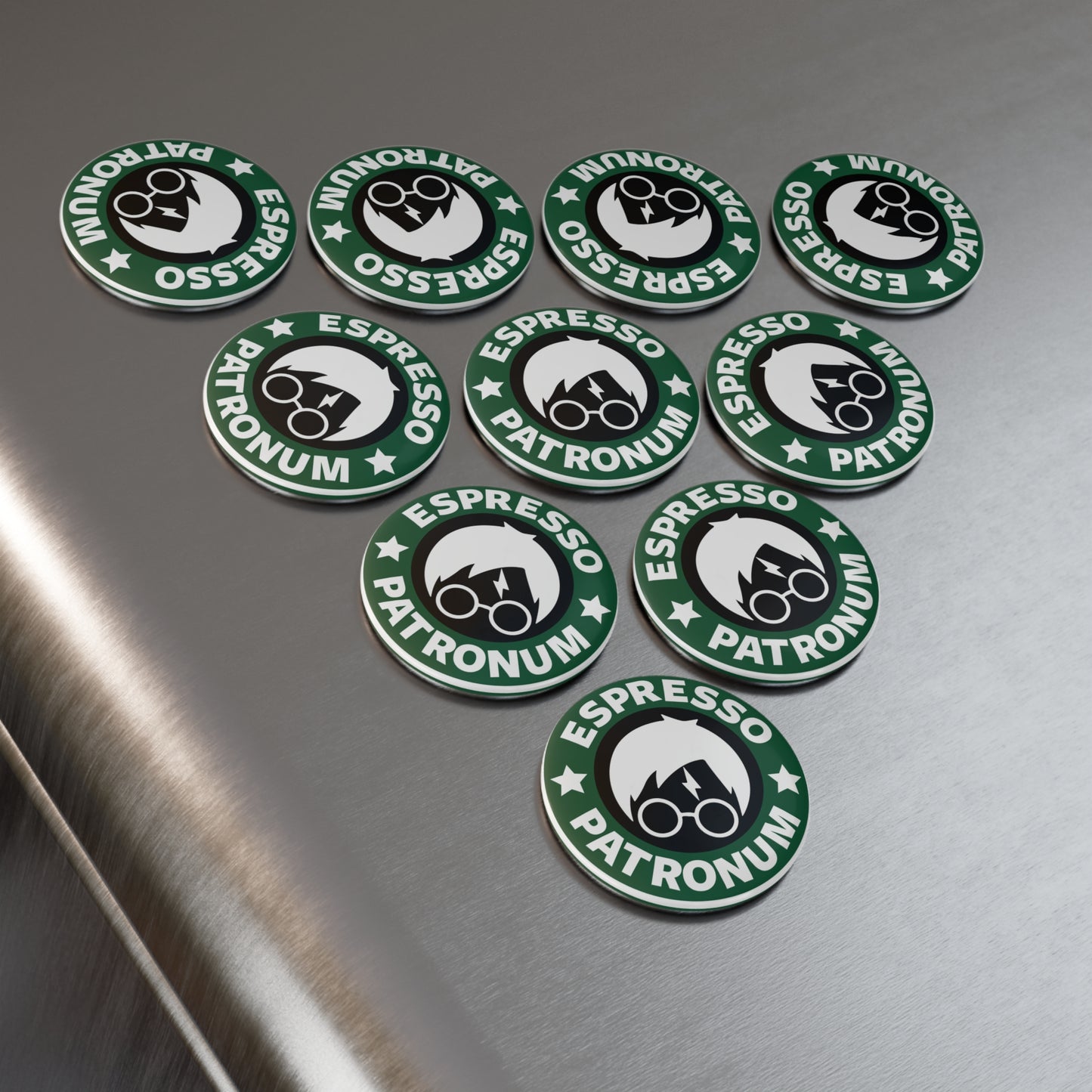 Espresso Patronum Round Magnet — Coffee & Wizardry Fridge Button