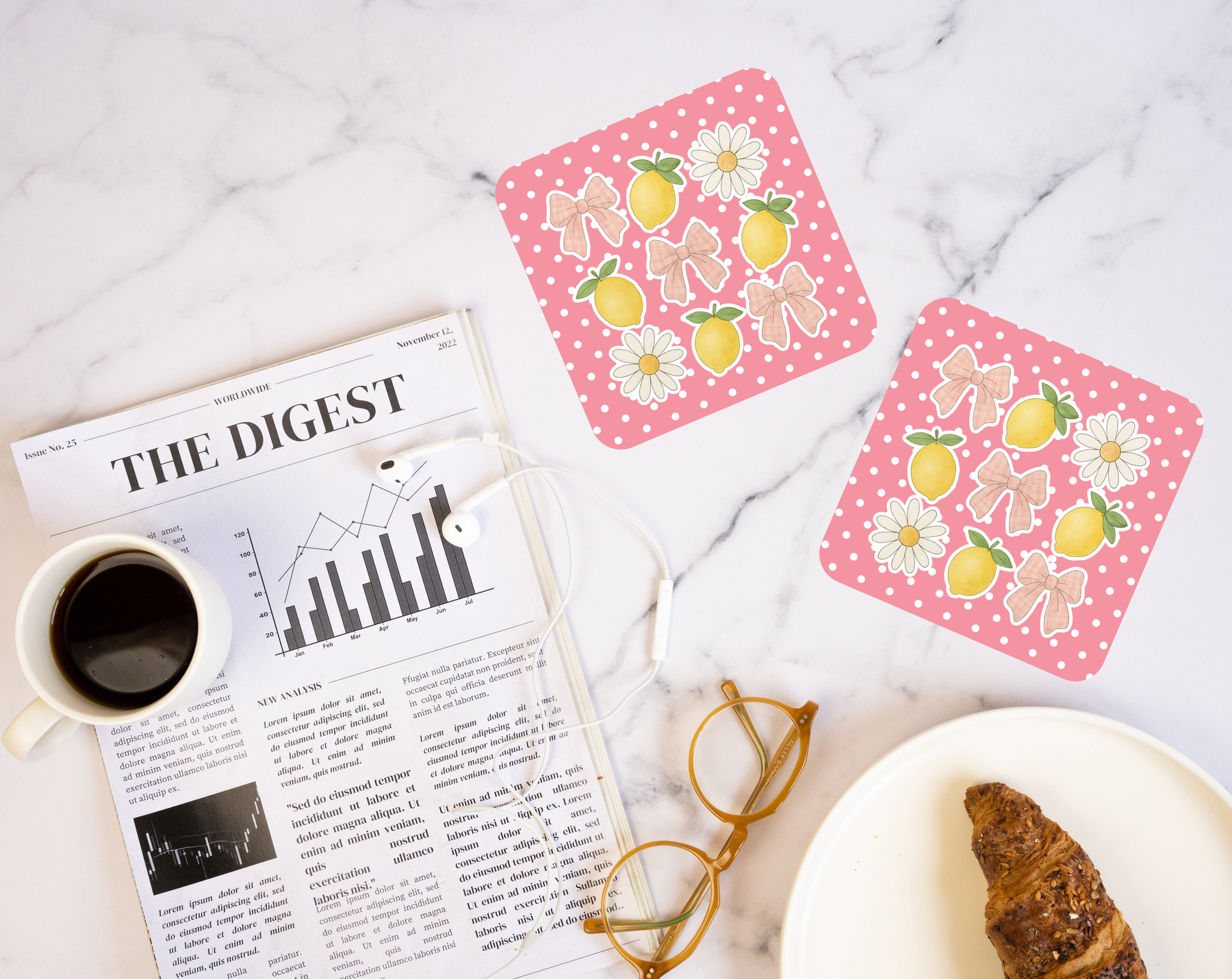 Pink Lemon Daisy & Bow coaster with coquette citrus design