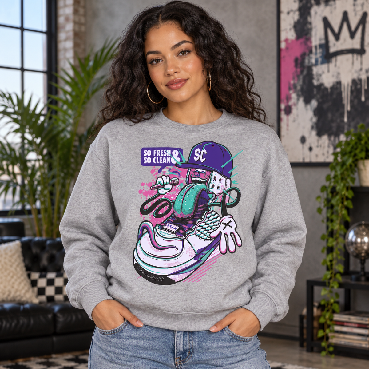 So Fresh & So Clean Streetwear Graphic Apparel women's crewneck mockup