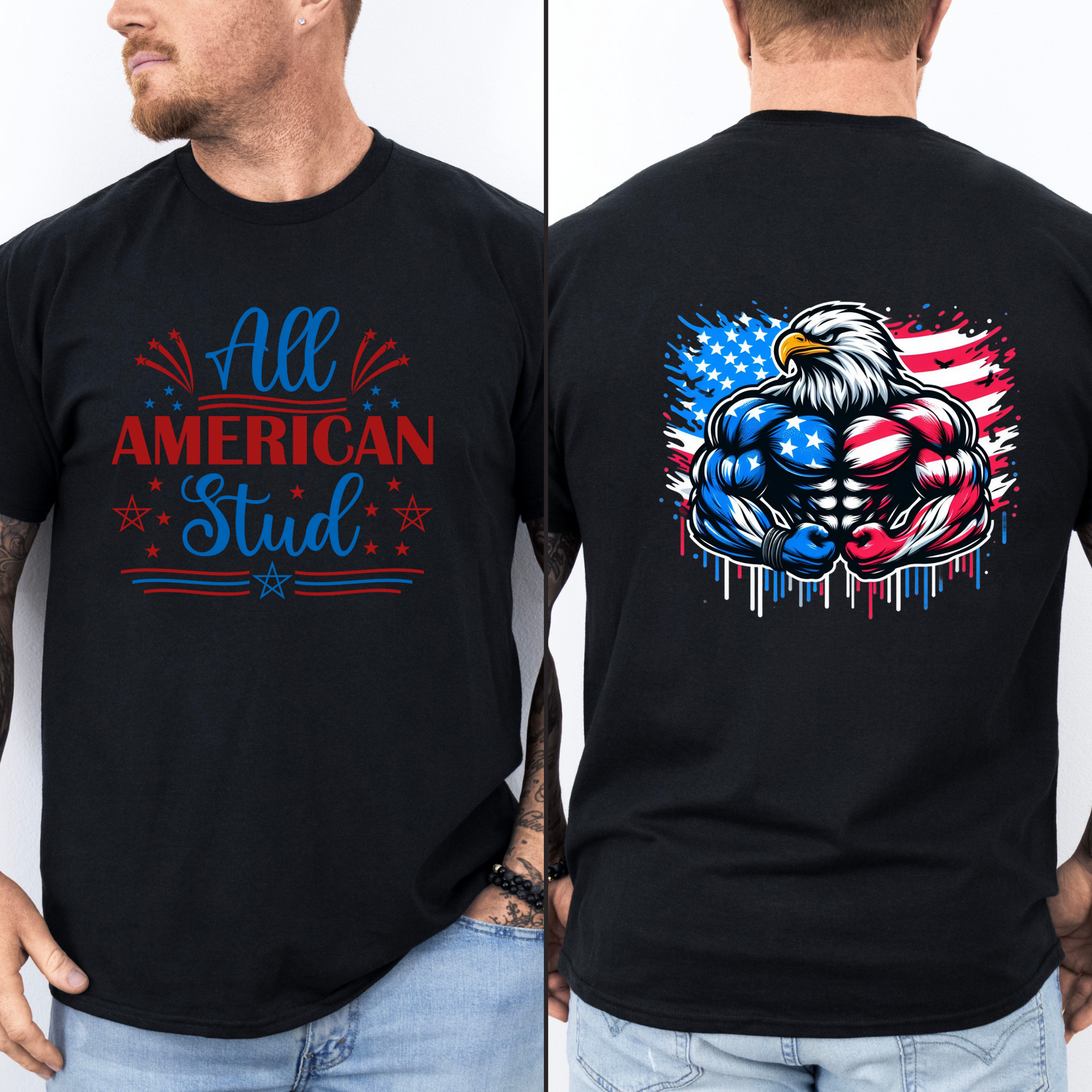 All American Stud Patriotic T-Shirt | Front & Back Eagle Graphic Unisex Tee