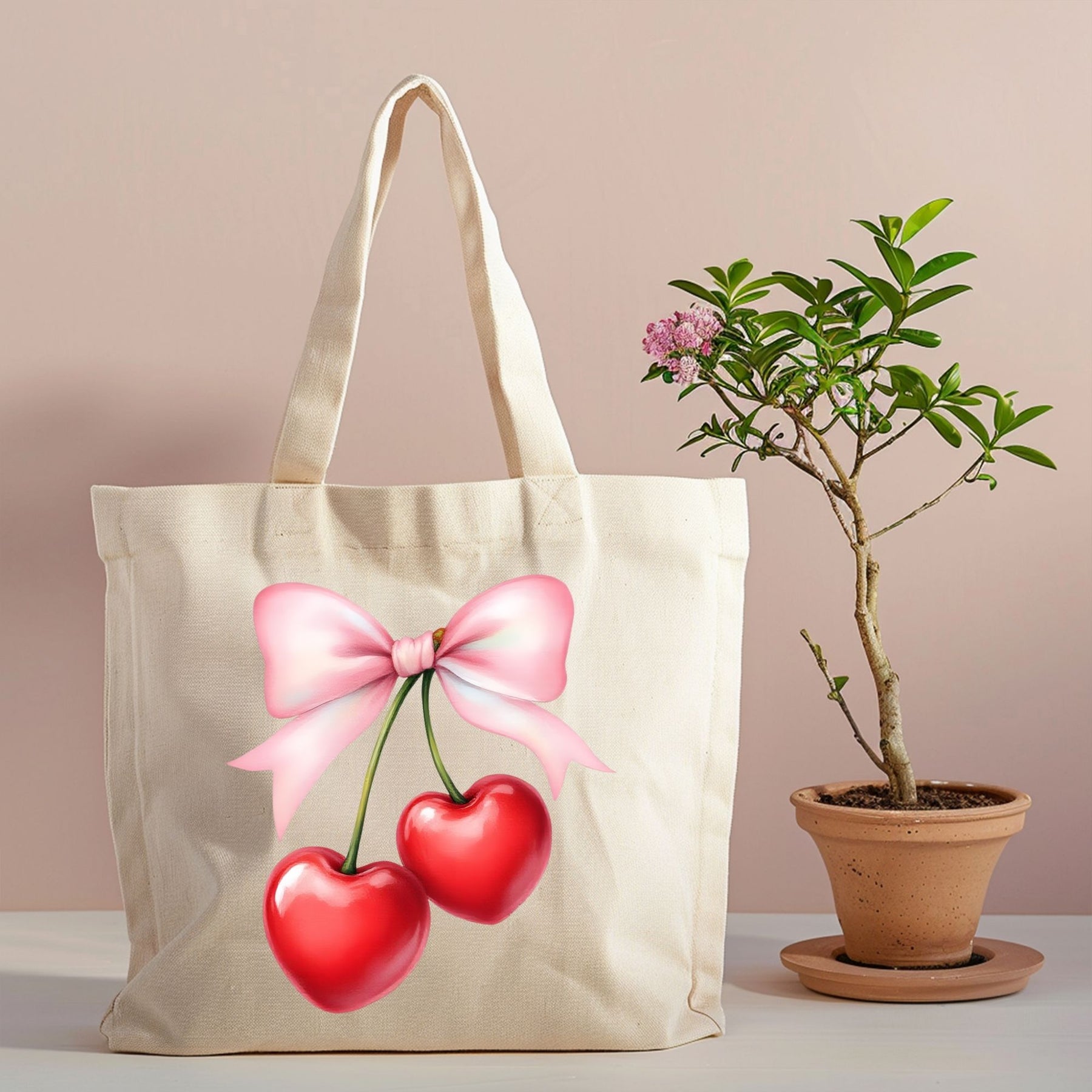Cherry Hearts & Pink Bow canvas tote with coquette design