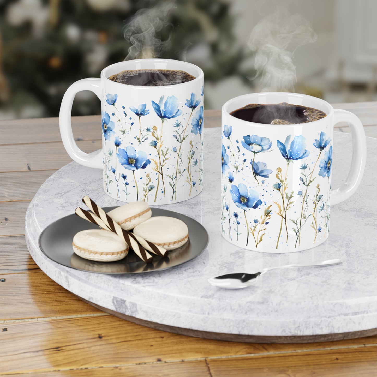 Blue Watercolor Wildflower Ceramic Mug - Floral Coffee Tea Cup (11/15oz)
