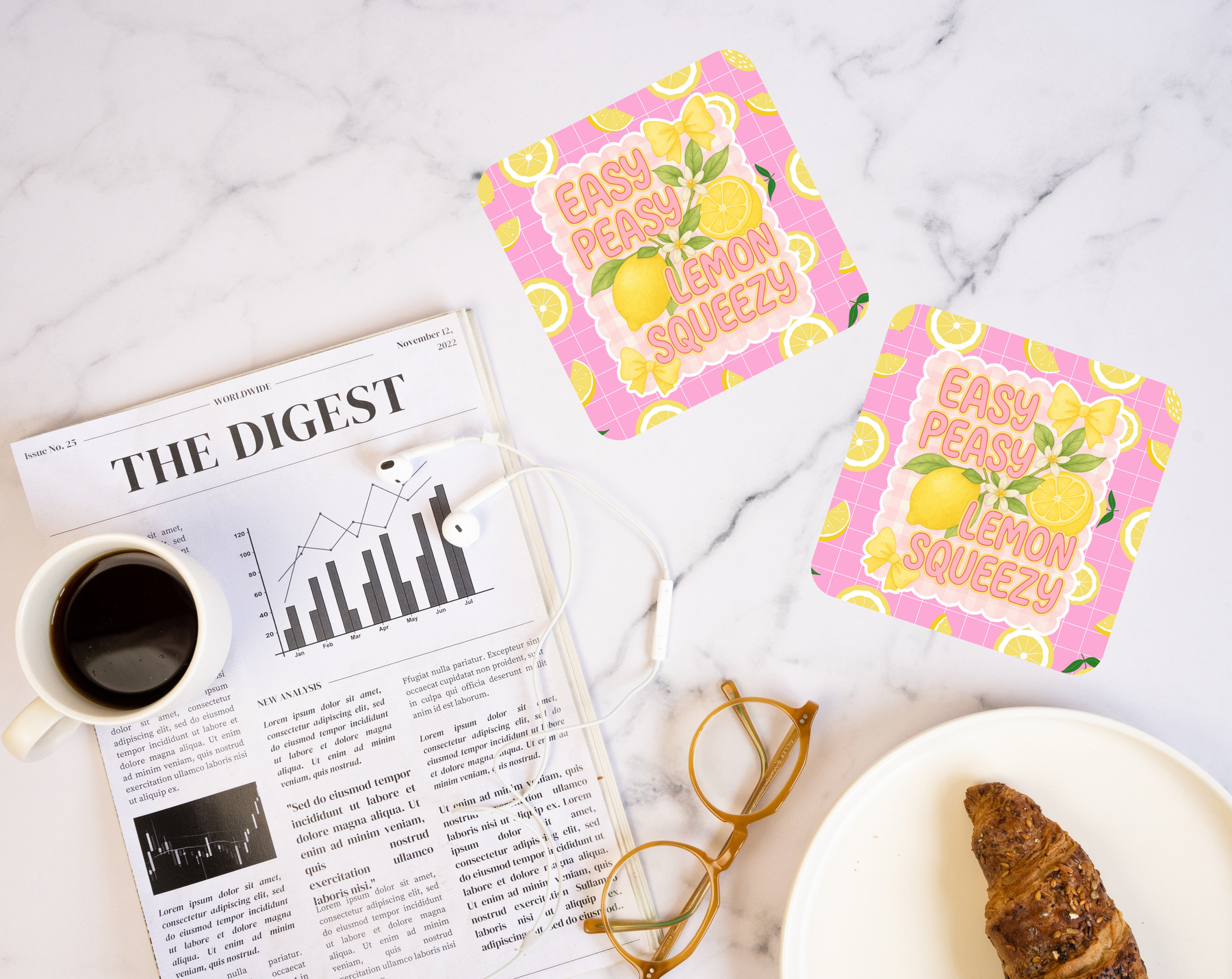 Easy Peasy Lemon Squeezy coaster with lemons and bows