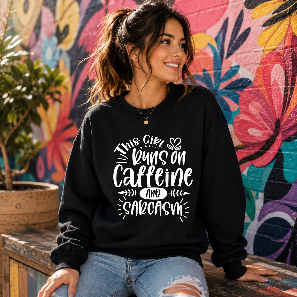 Caffeine & Sarcasm graphic apparel model view