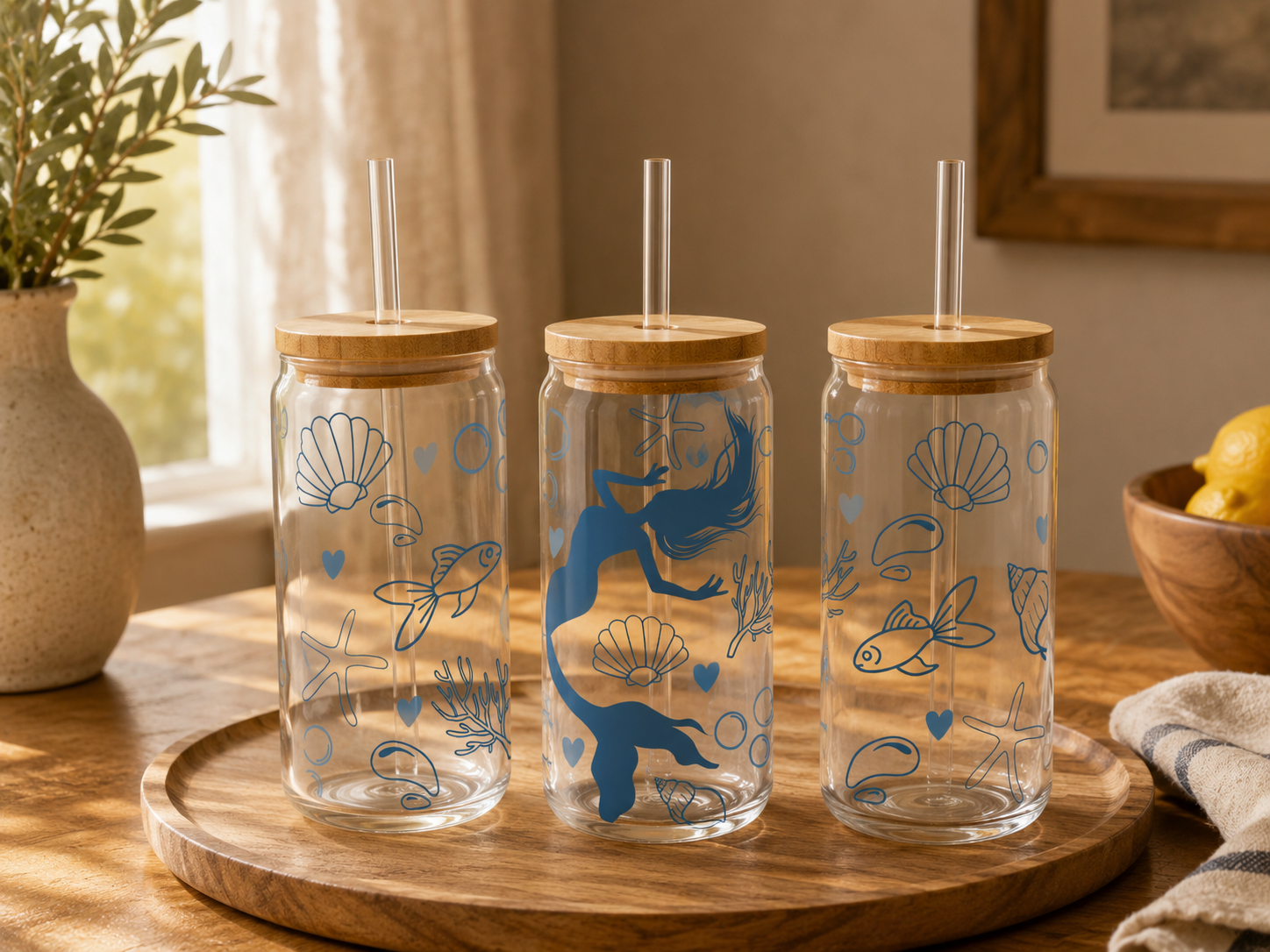 Blue Mermaid 16oz glass can with bamboo lid and glass straw