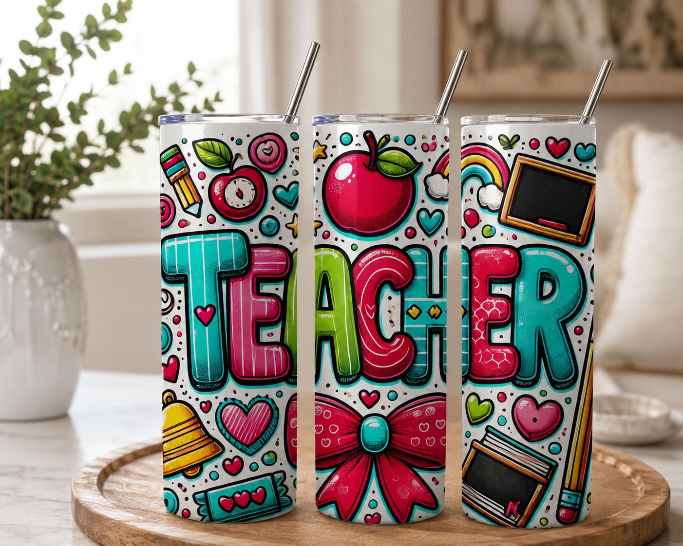 Teacher Life 20oz skinny tumbler with colorful school design
