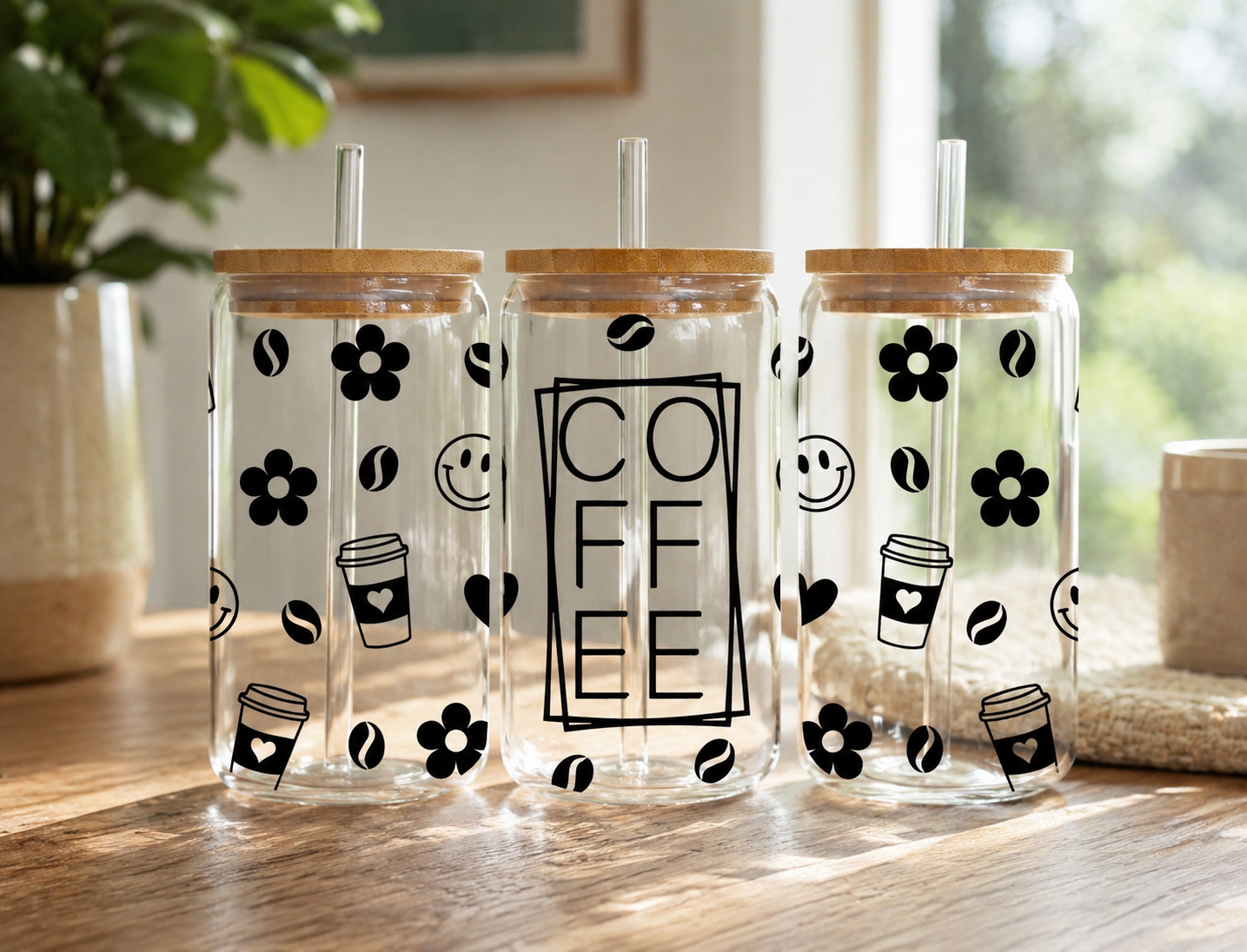 Coffee 16oz glass can with bamboo lid and glass straw