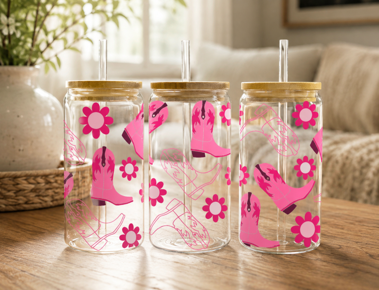Pink Cowgirl Boots 16oz glass can with bamboo lid and straw