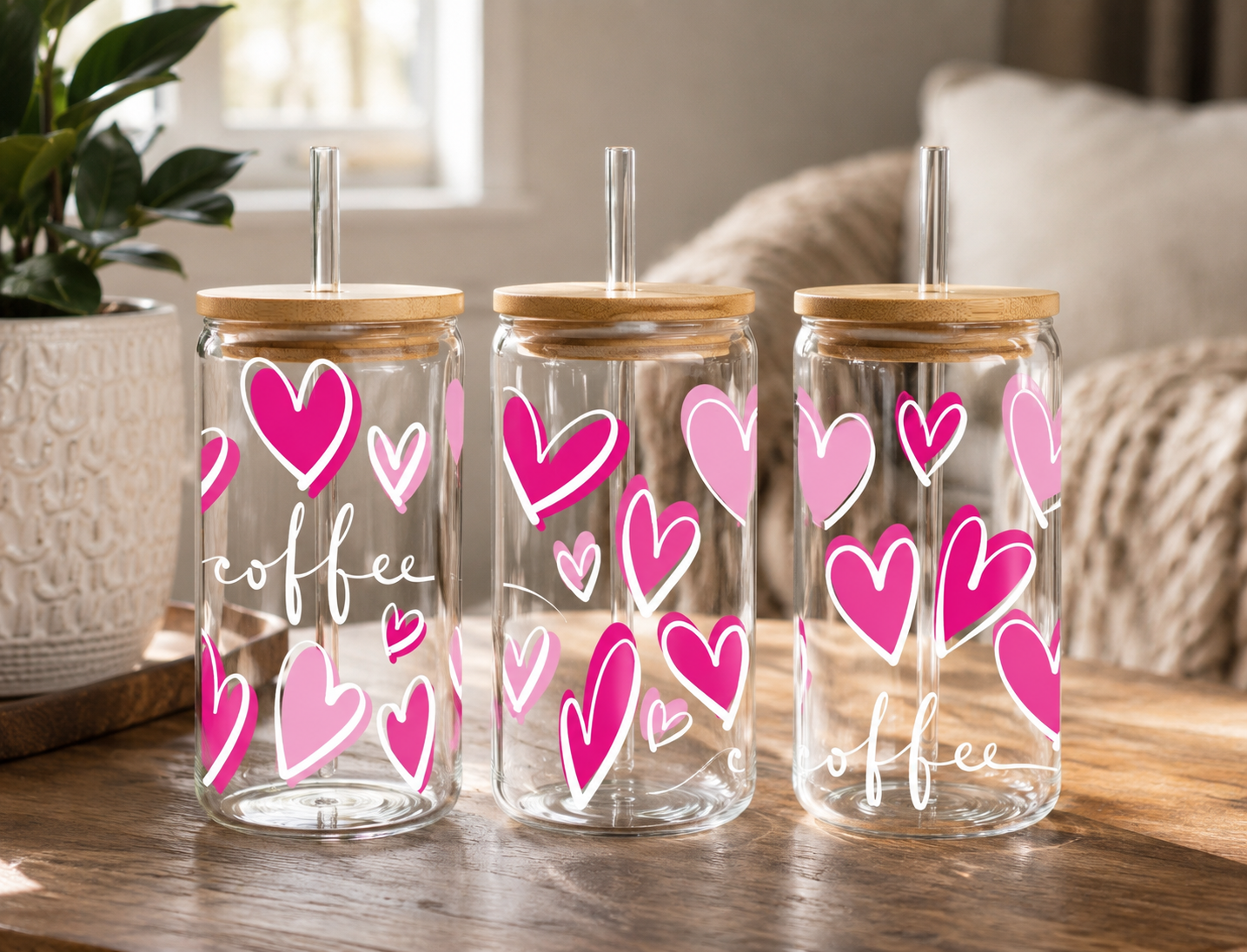 Coffee Hearts 16oz glass can with pink heart design