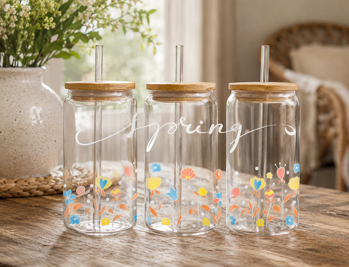Spring Floral 16oz glass can with pastel wildflowers