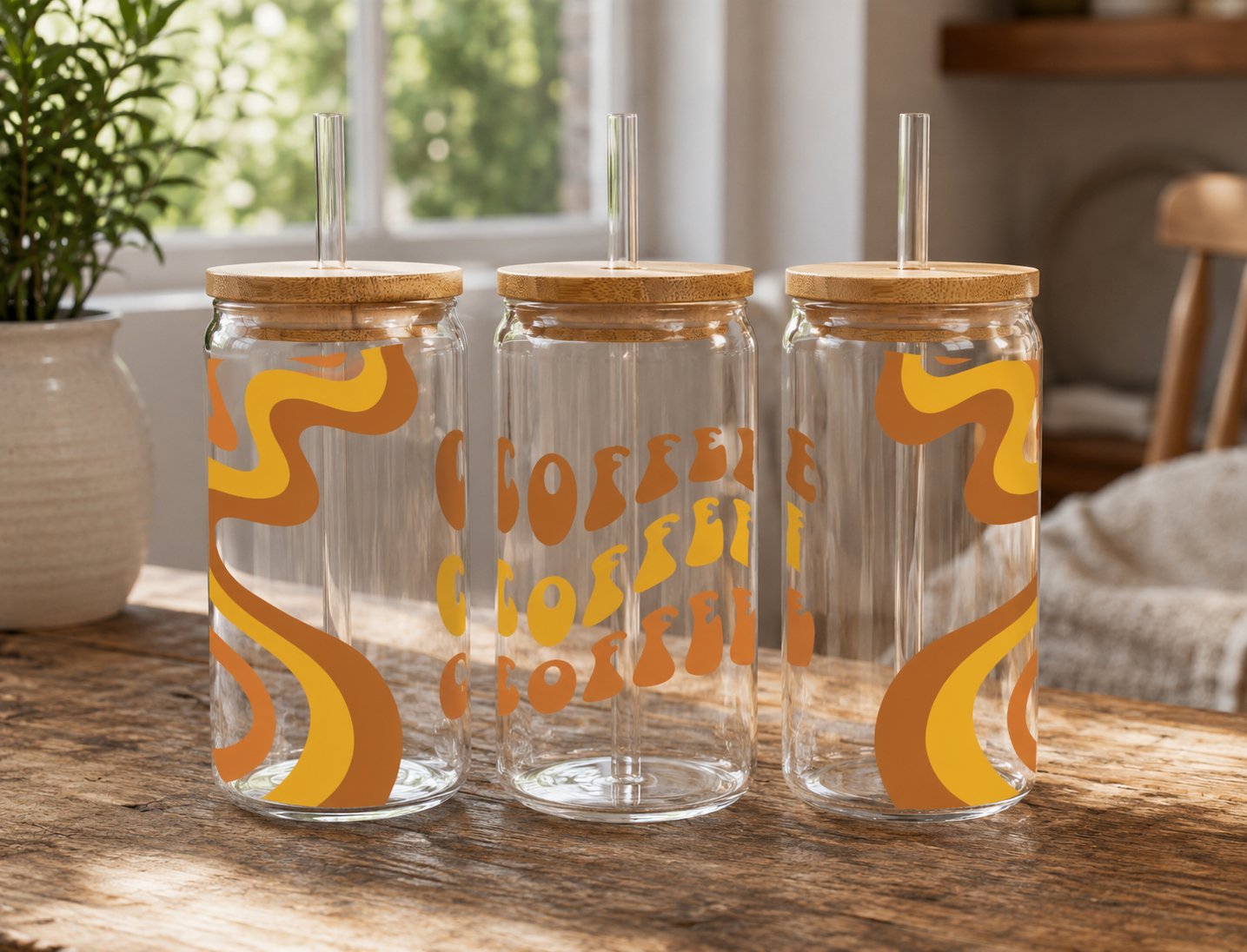 Retro Coffee 16oz glass can with groovy coffee design