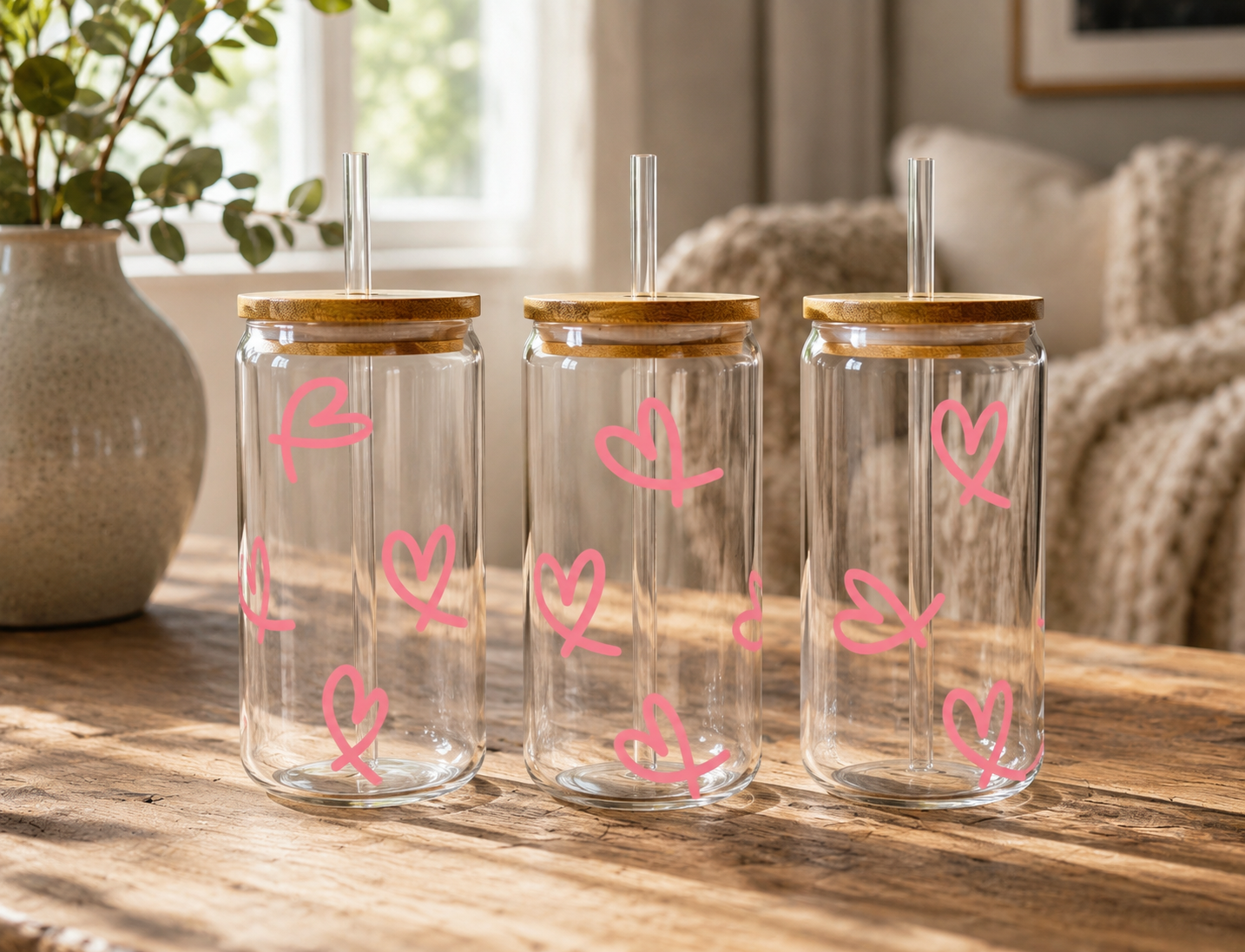 Pink Hearts 16oz glass can with bamboo lid and glass straw