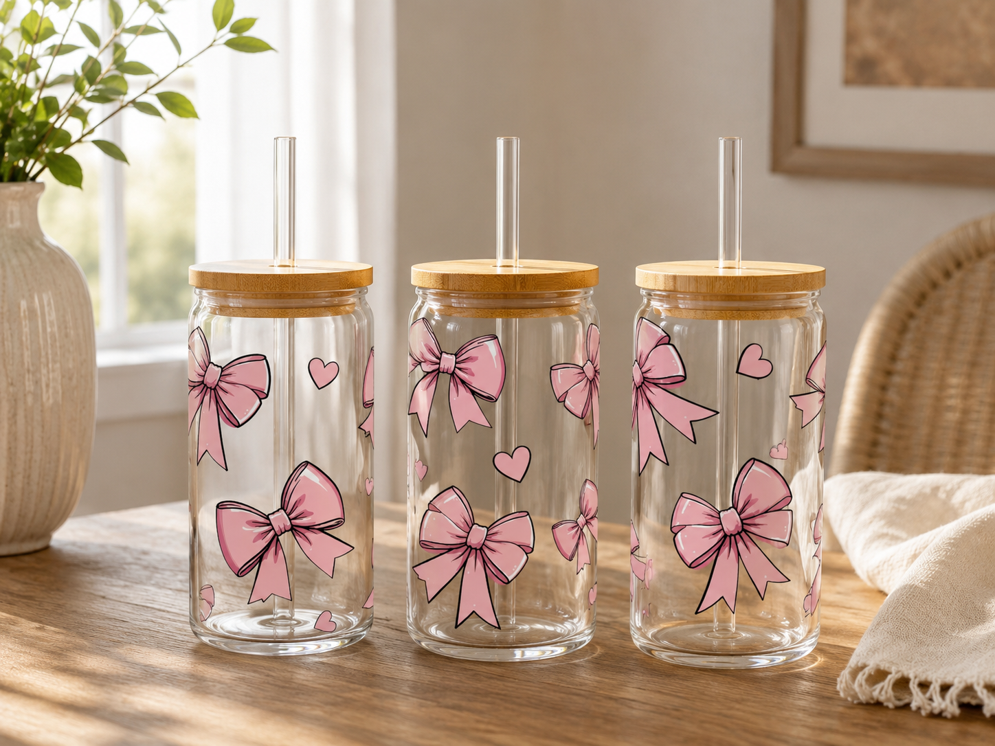 Coquette Pink Bow 16oz glass can with bamboo lid and straw