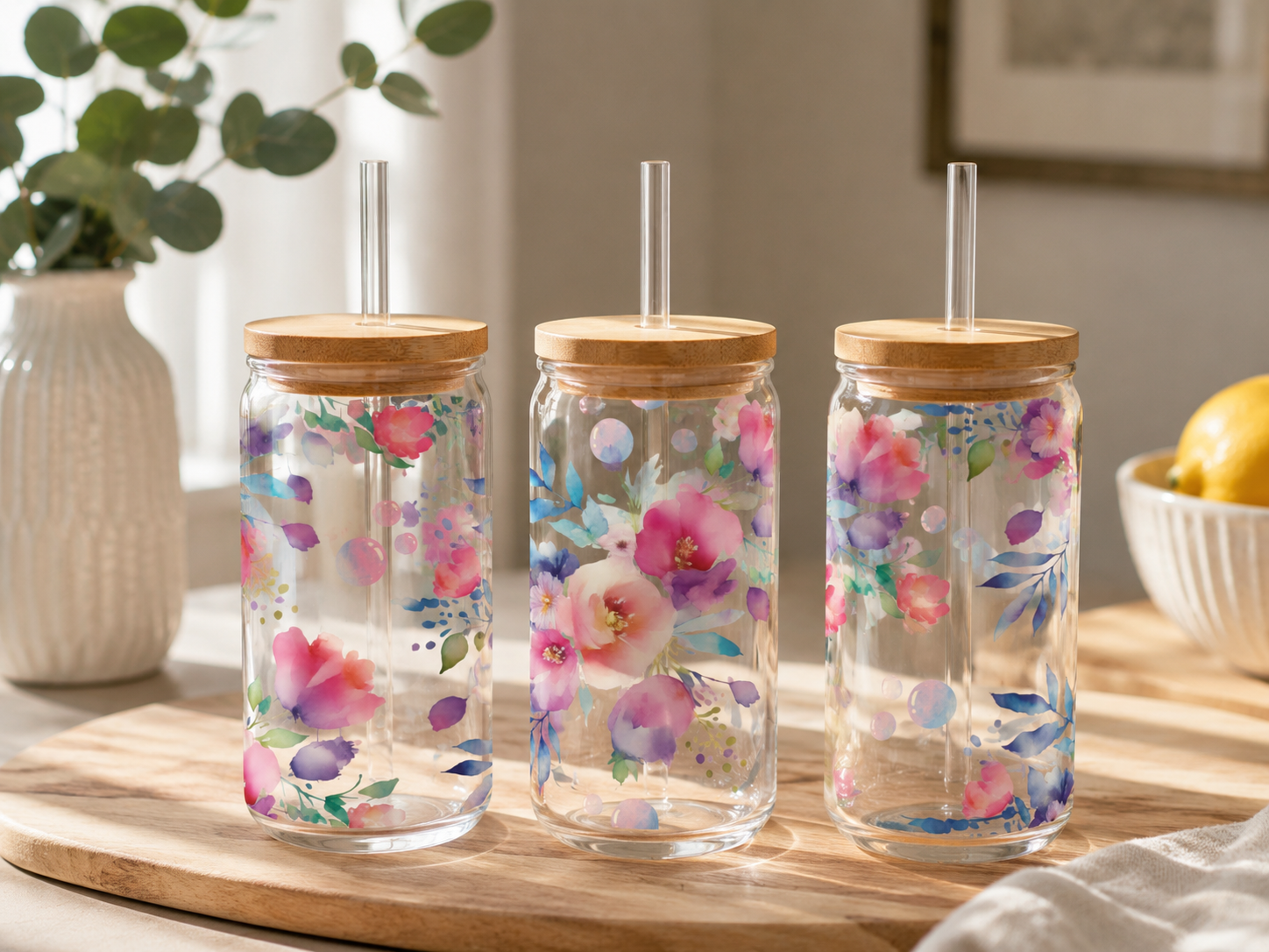 Watercolor Floral 16oz glass can with pastel botanical design