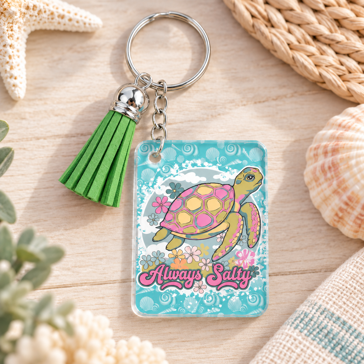 Always Salty keychain with green tassel