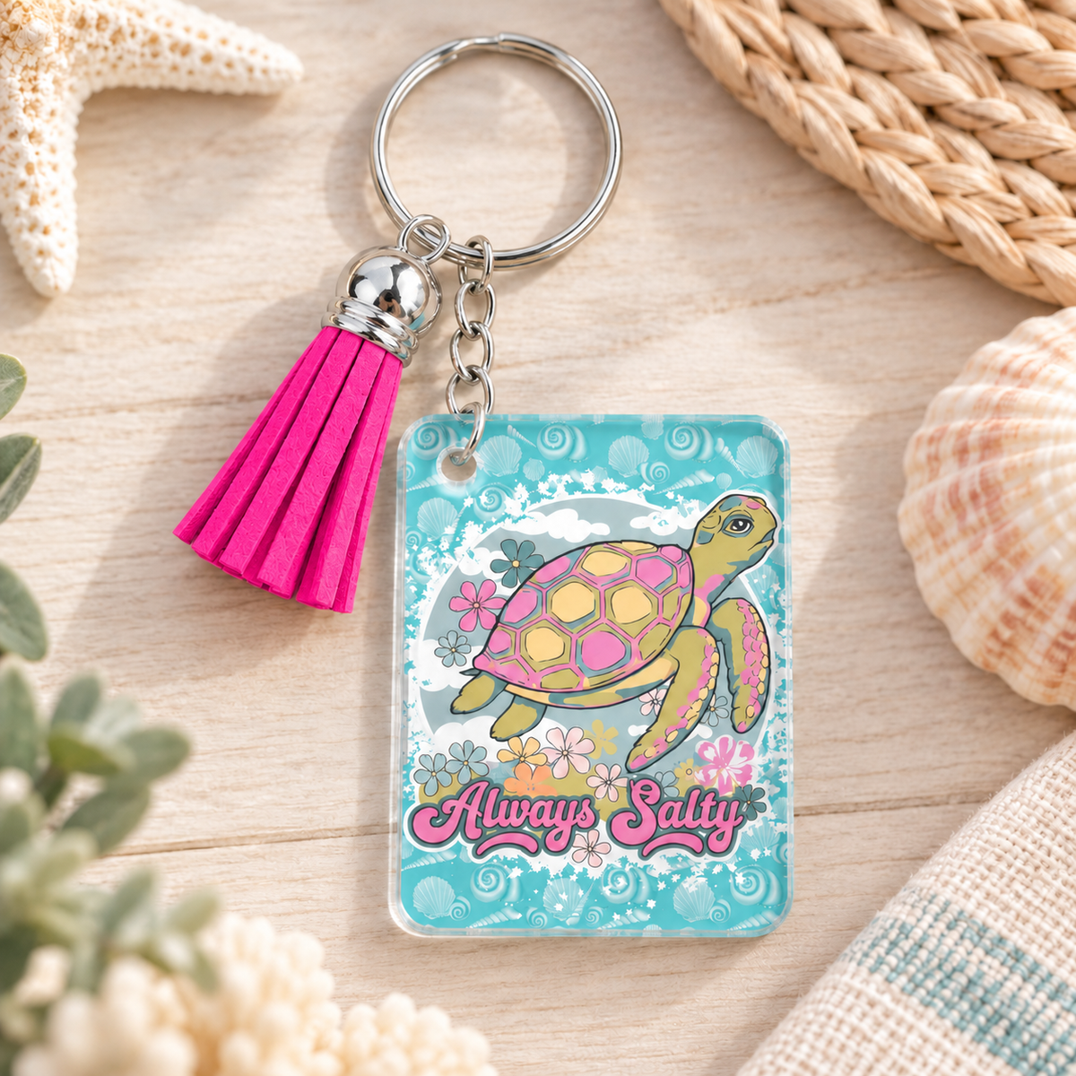 Always Salty keychain with hot pink tassel