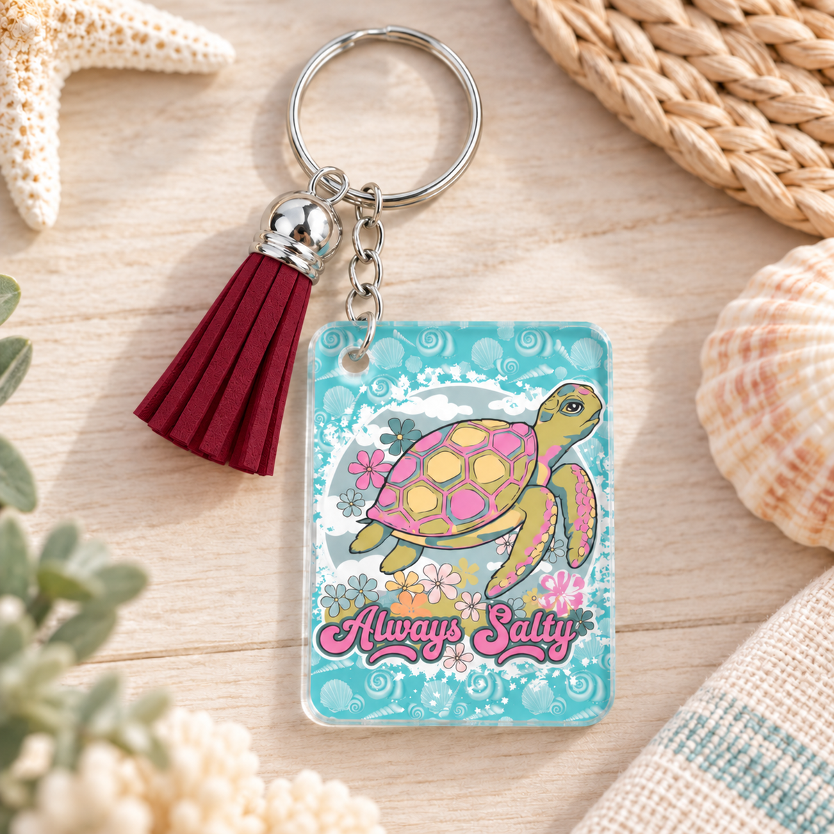 Always Salty keychain with maroon tassel