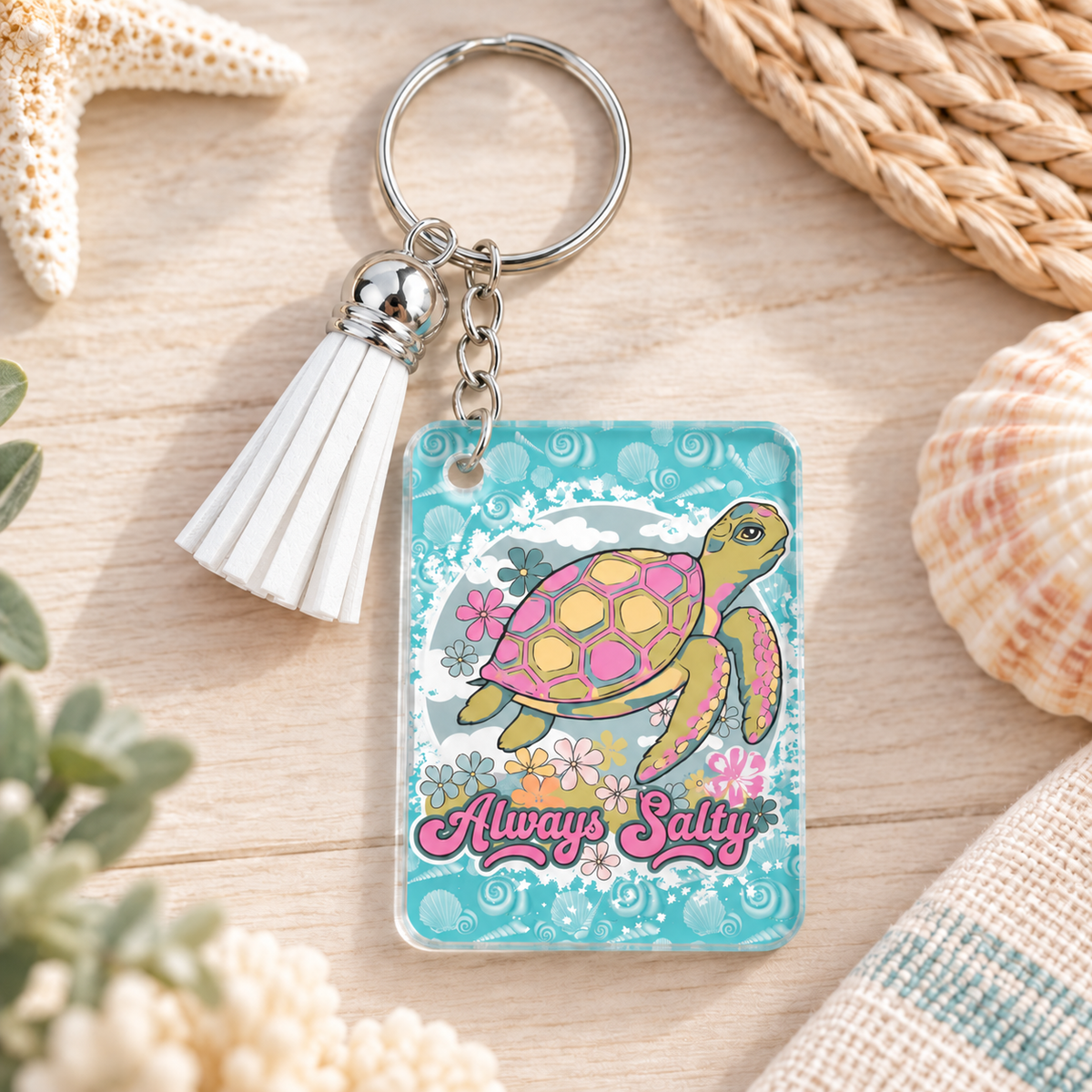Always Salty keychain with white tassel