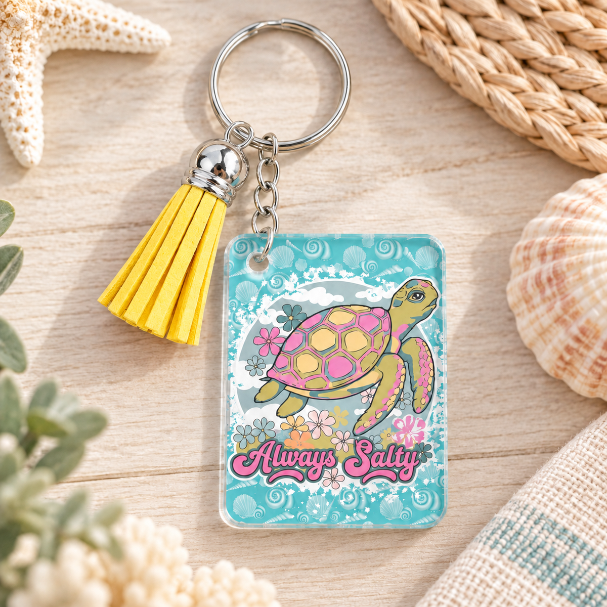 Always Salty keychain with yellow tassel