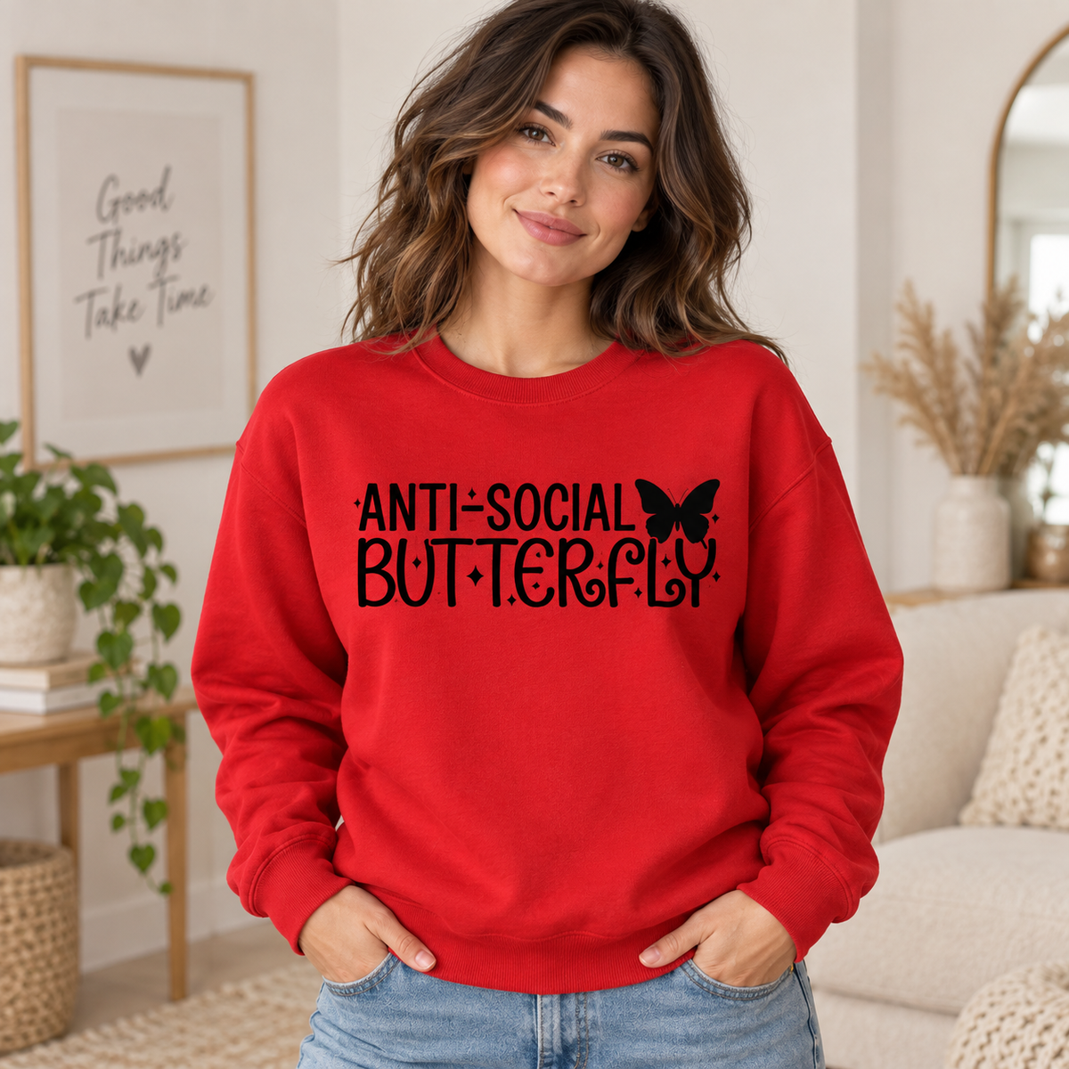 Anti-Social Butterfly on Red Crewneck
