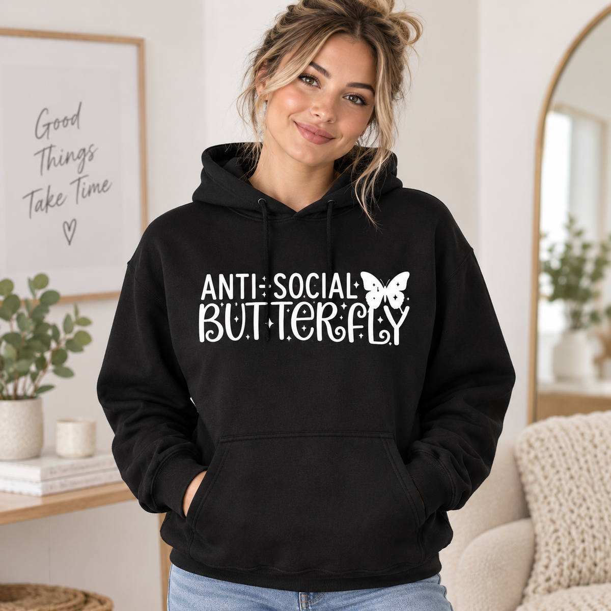 Anti-Social Butterfly on Black Hoodie