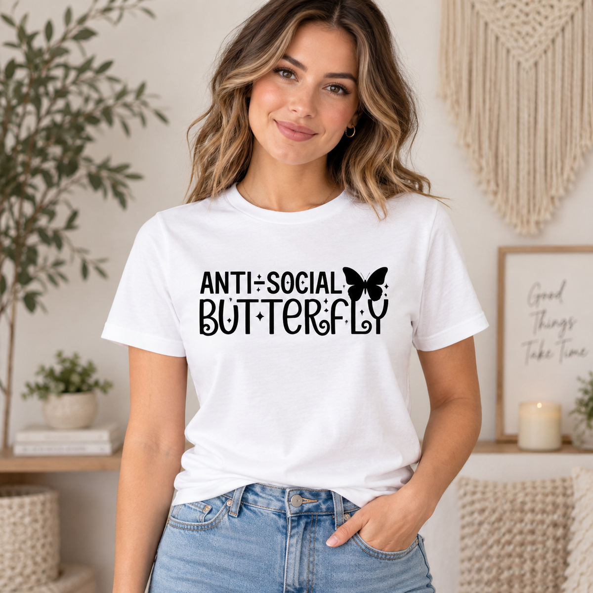 Anti-Social Butterfly on White T-Shirt