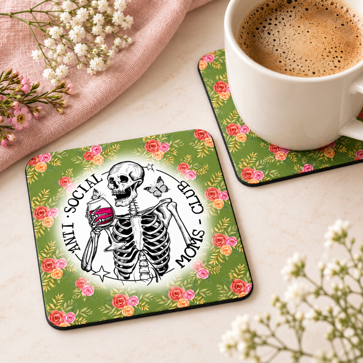 Anti Social Moms Club square coaster set of two with thin black rubber backing