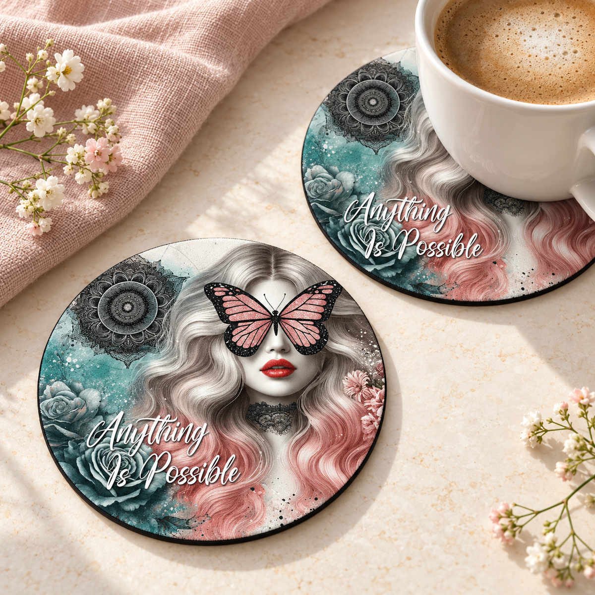 Anything Is Possible Round coaster set of two with thin black rubber backing