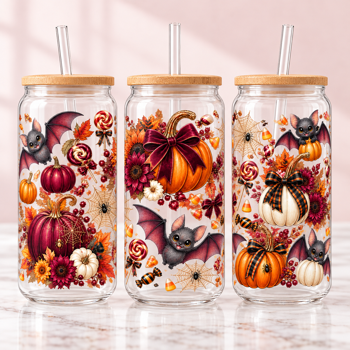 Autumn Bats & Pumpkins Halloween Glass Can Tumbler — clear; complementary views of one product