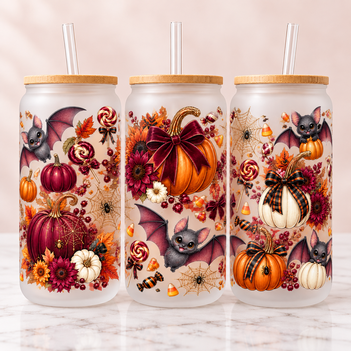 Autumn Bats & Pumpkins Halloween Glass Can Tumbler — frosted; complementary views of one product