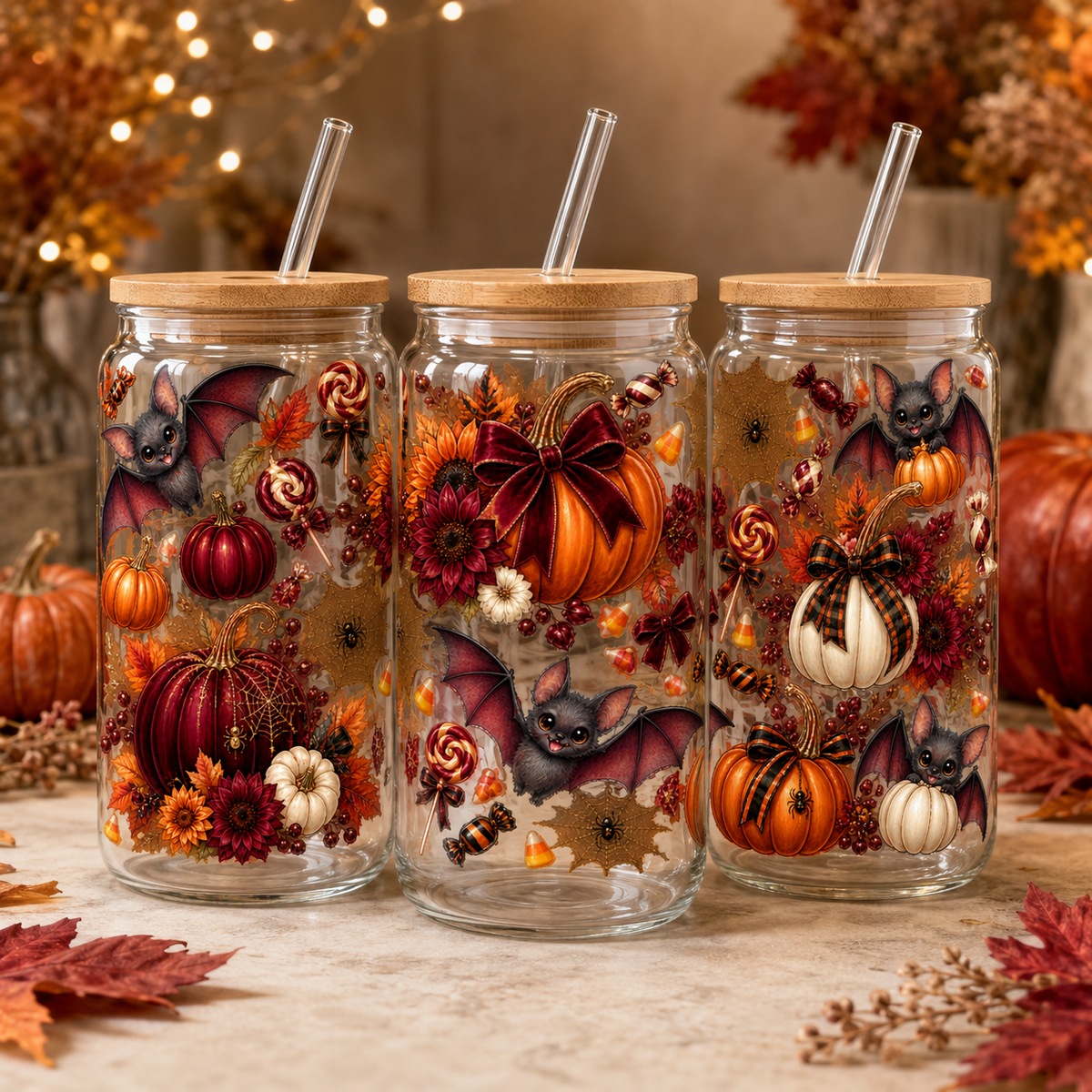 Autumn Bats & Pumpkins Halloween Glass Can Tumbler – alternate lifestyle view