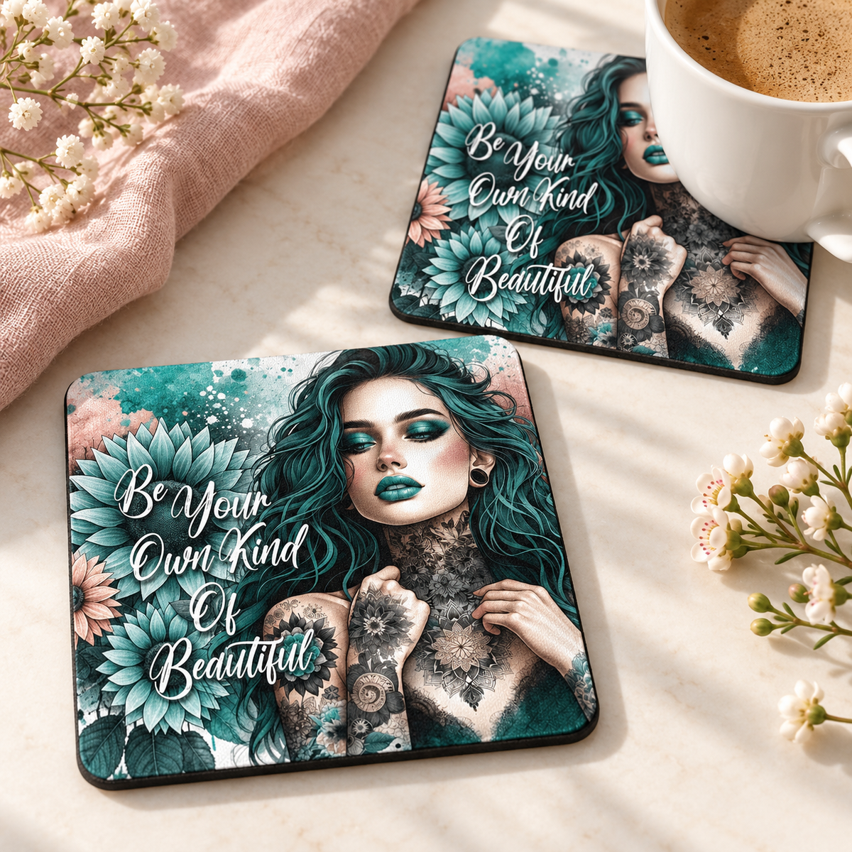 Be Your Own Kind Of Beautiful Square coaster set of two with thin black rubber backing