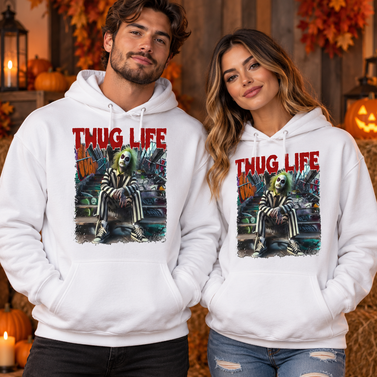 Beetlejuice Thug Life men and women white hoodie mockup