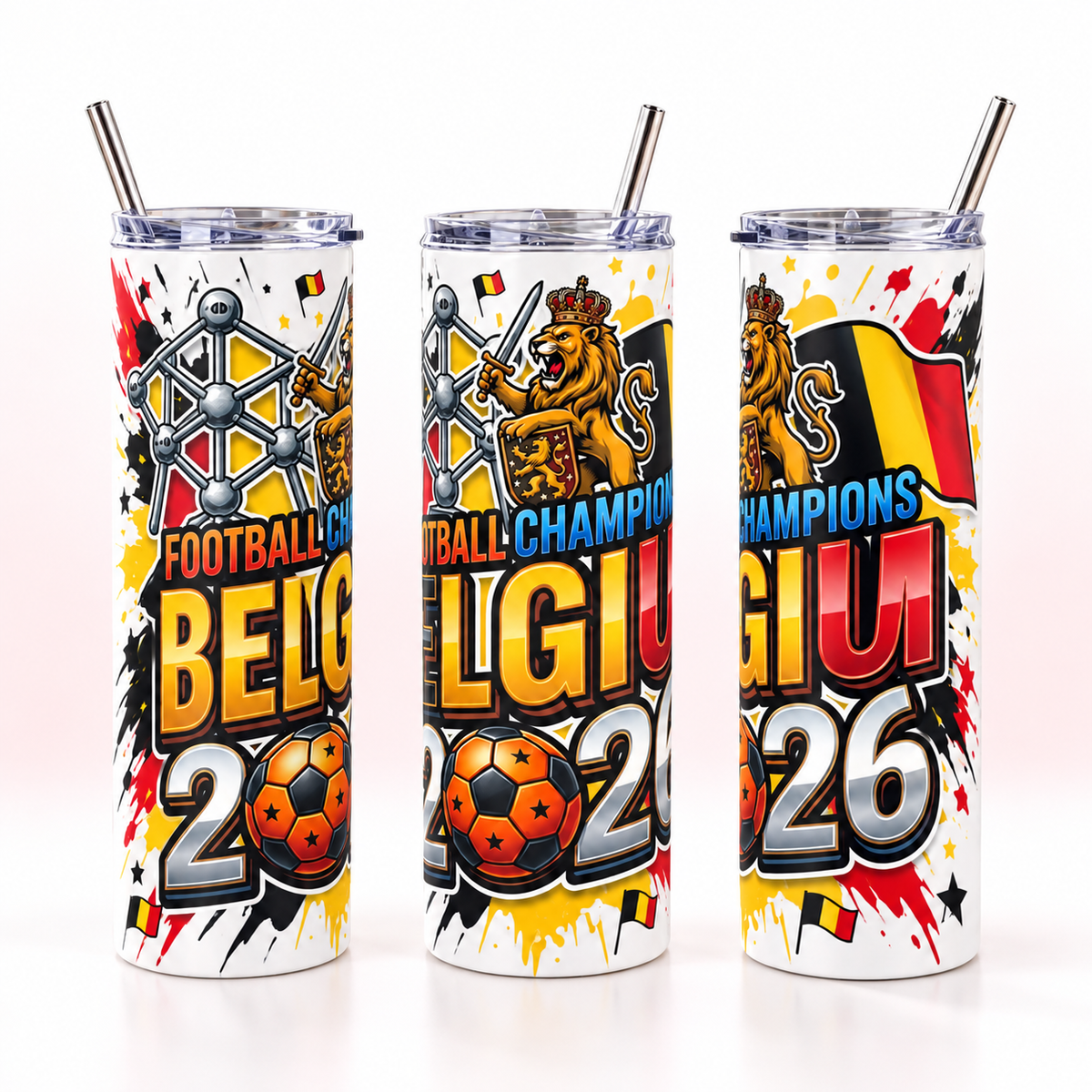 Belgium 2026 Football Tumbler – Insulated Soccer Fan Cup — three views
