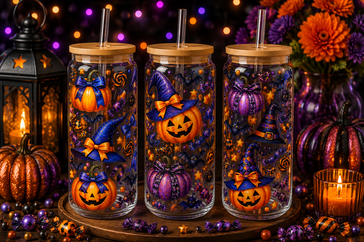Blue & Purple Witch Pumpkin Halloween Glass Can Tumbler – alternate lifestyle view