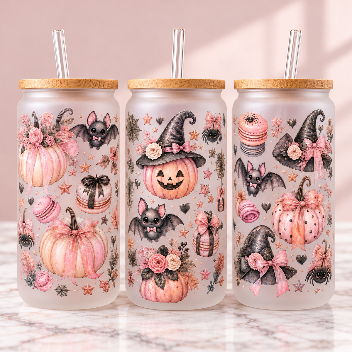 Blush Pink Pumpkin & Bat Halloween Glass Can Tumbler — frosted; complementary views of one product
