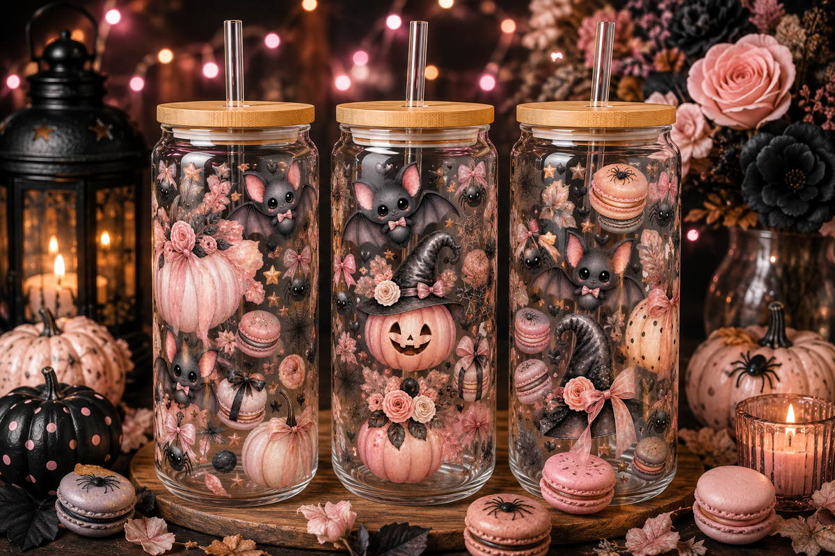 Blush Pink Pumpkin & Bat Halloween Glass Can Tumbler – alternate lifestyle view