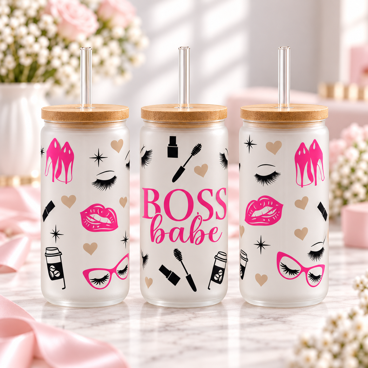 Boss Babe Glass Can with Bamboo Lid & Glass Straw — frosted; complementary views of one product