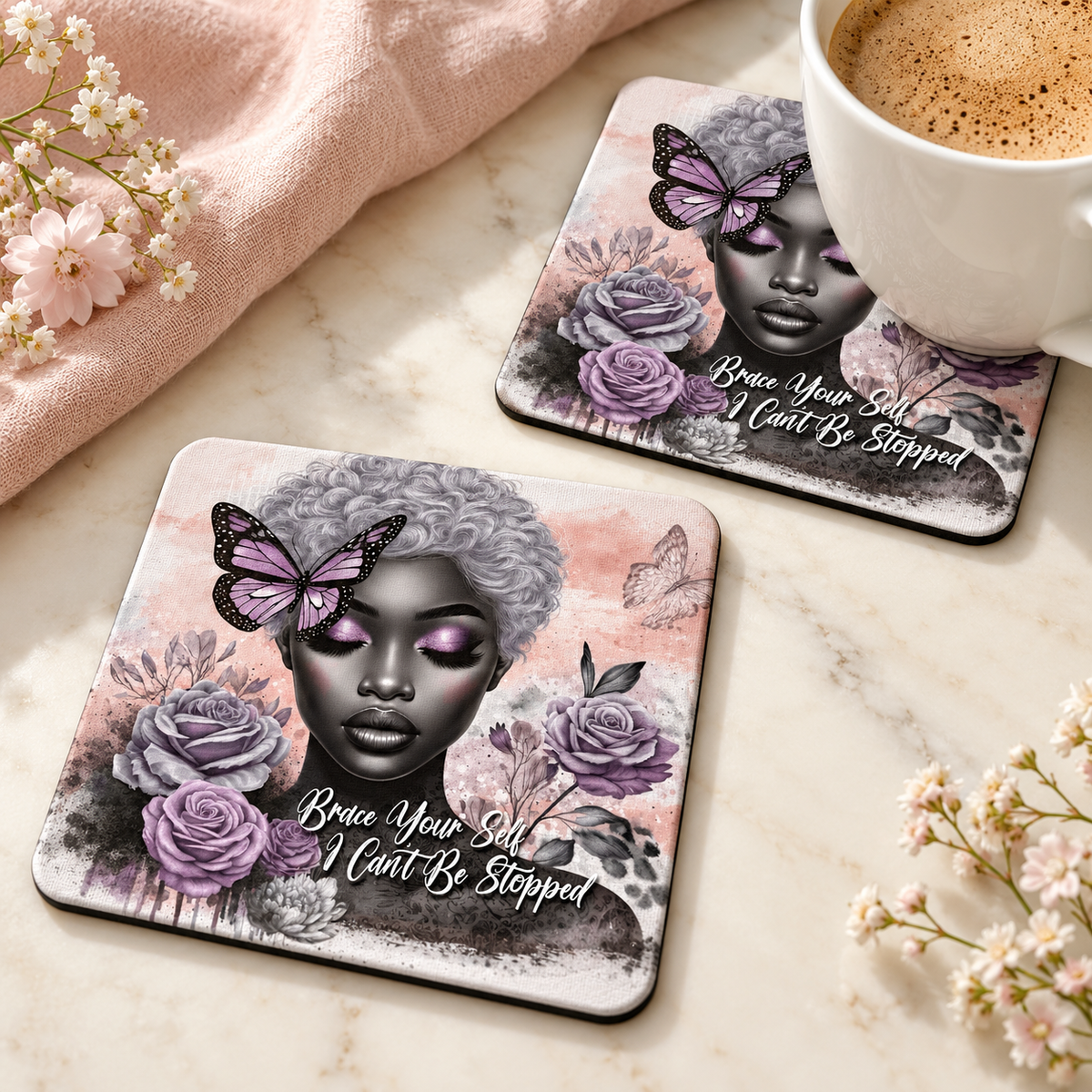 Brace Your Self I Cant Be Stopped Square coaster set of two with thin black rubber backing